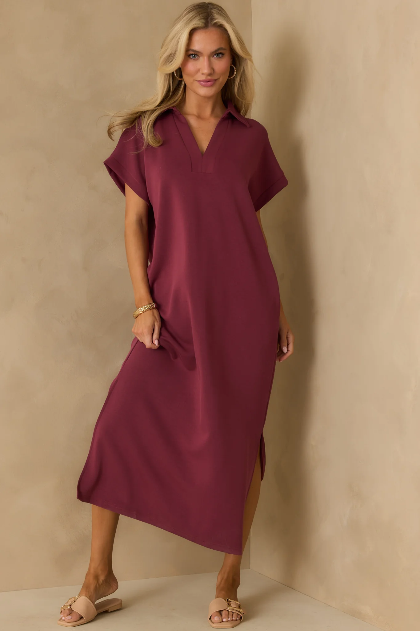 Made The Right Call Burgundy Collared Midi T-Shirt Dress