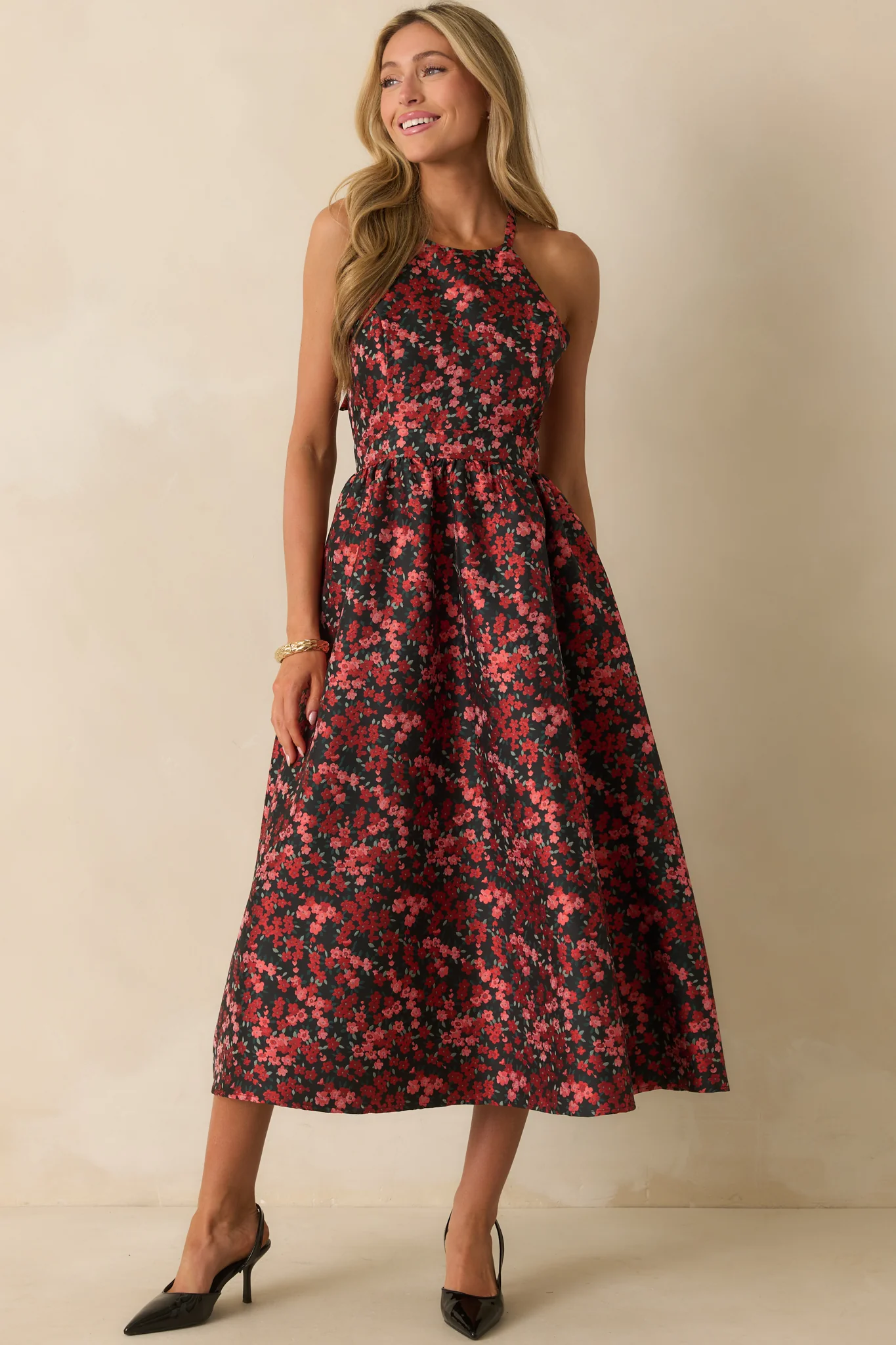 Worth Every Second Red Multi Floral Jacquard Halter Midi Dress