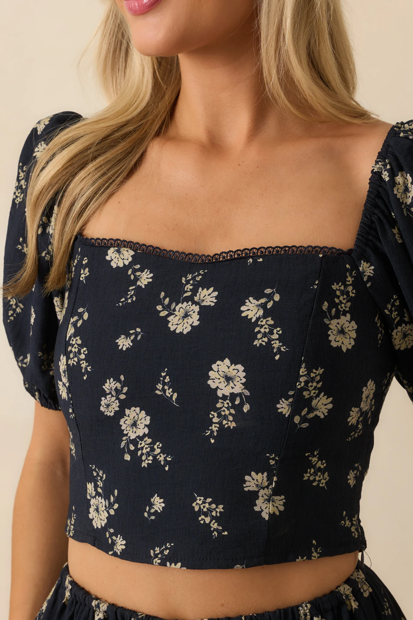 Already Have Plans Navy Floral Print Puff Sleeve Crop Top