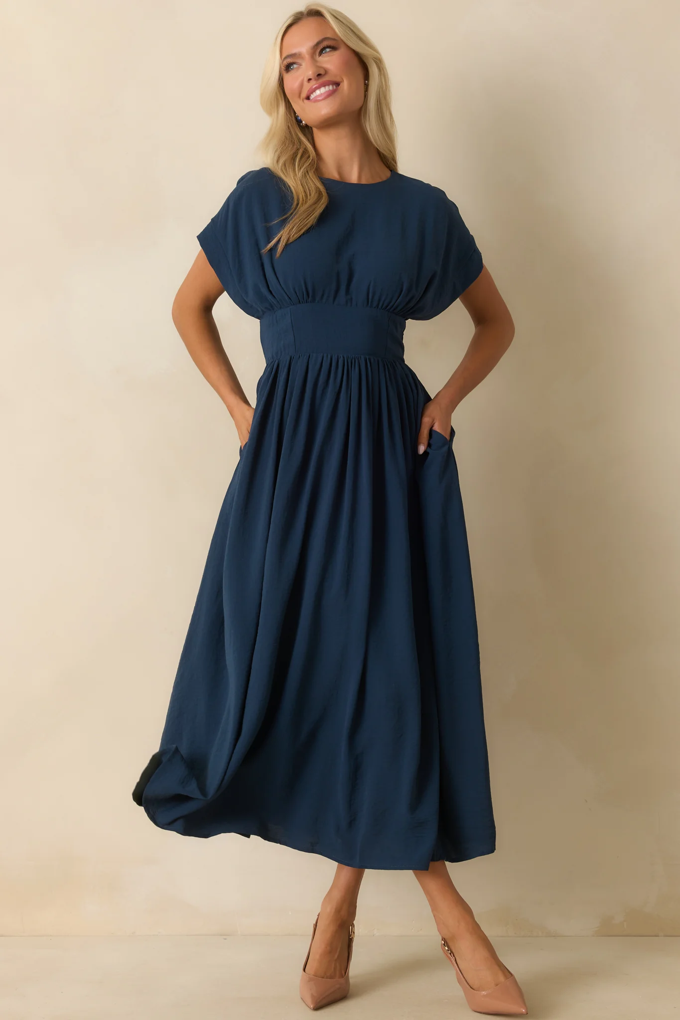 As Promised Navy Short Sleeve Cinched Waist Maxi Dress