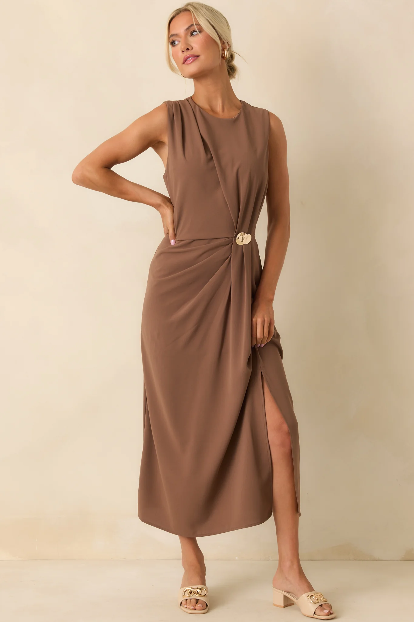 Move With Purpose Light Brown Ruched Maxi Dress