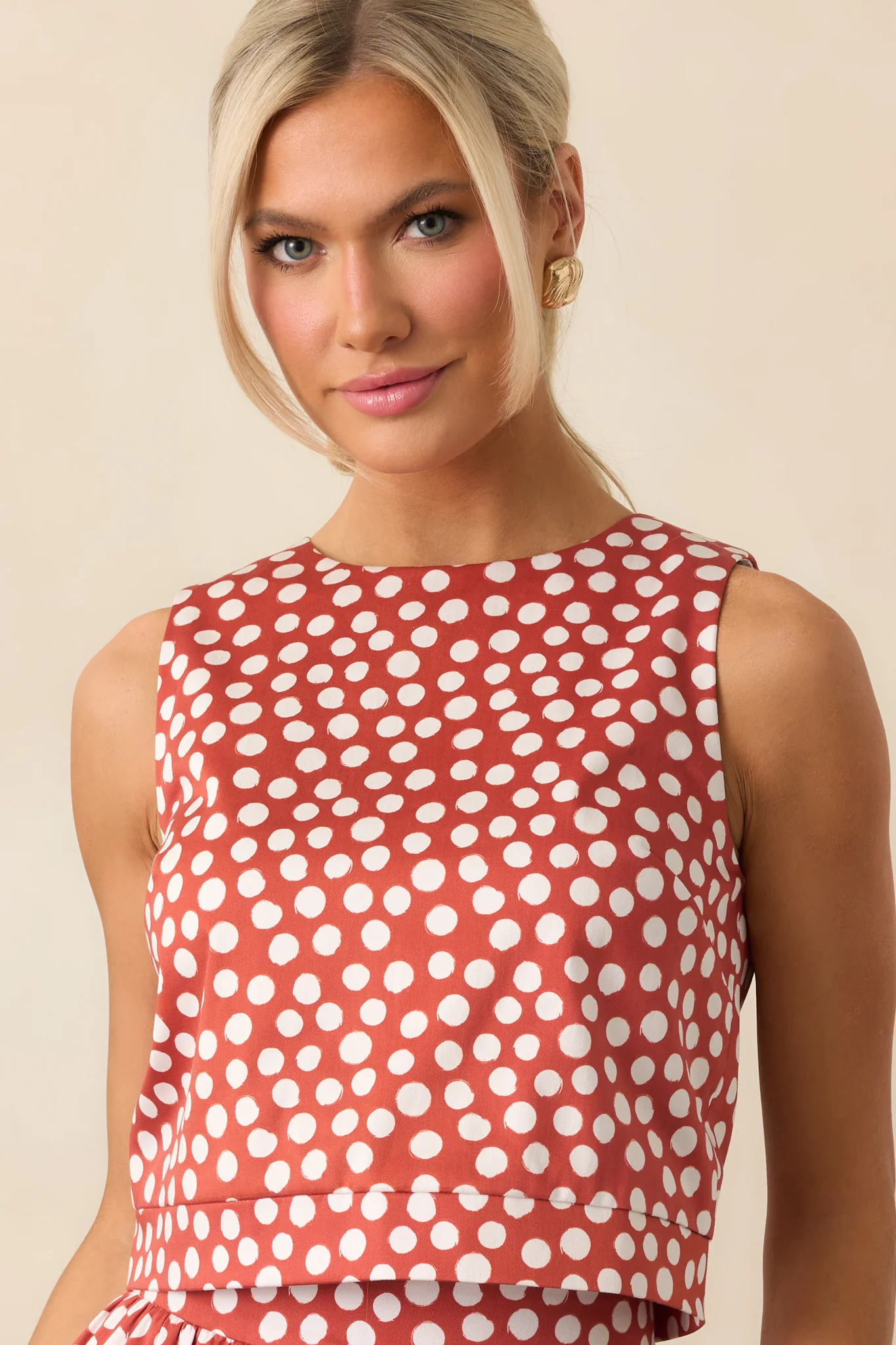 Prosperina Simone Brick Red Polka Dot Cotton Top