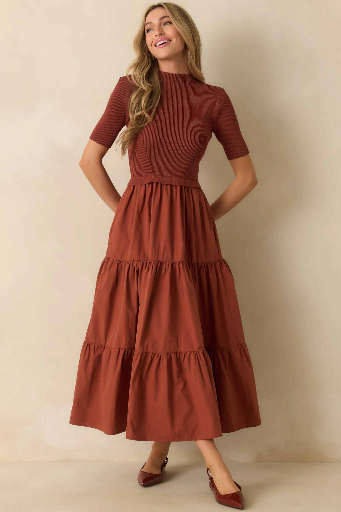 Rust Red Cotton Knit Short Sleeve Maxi Dress