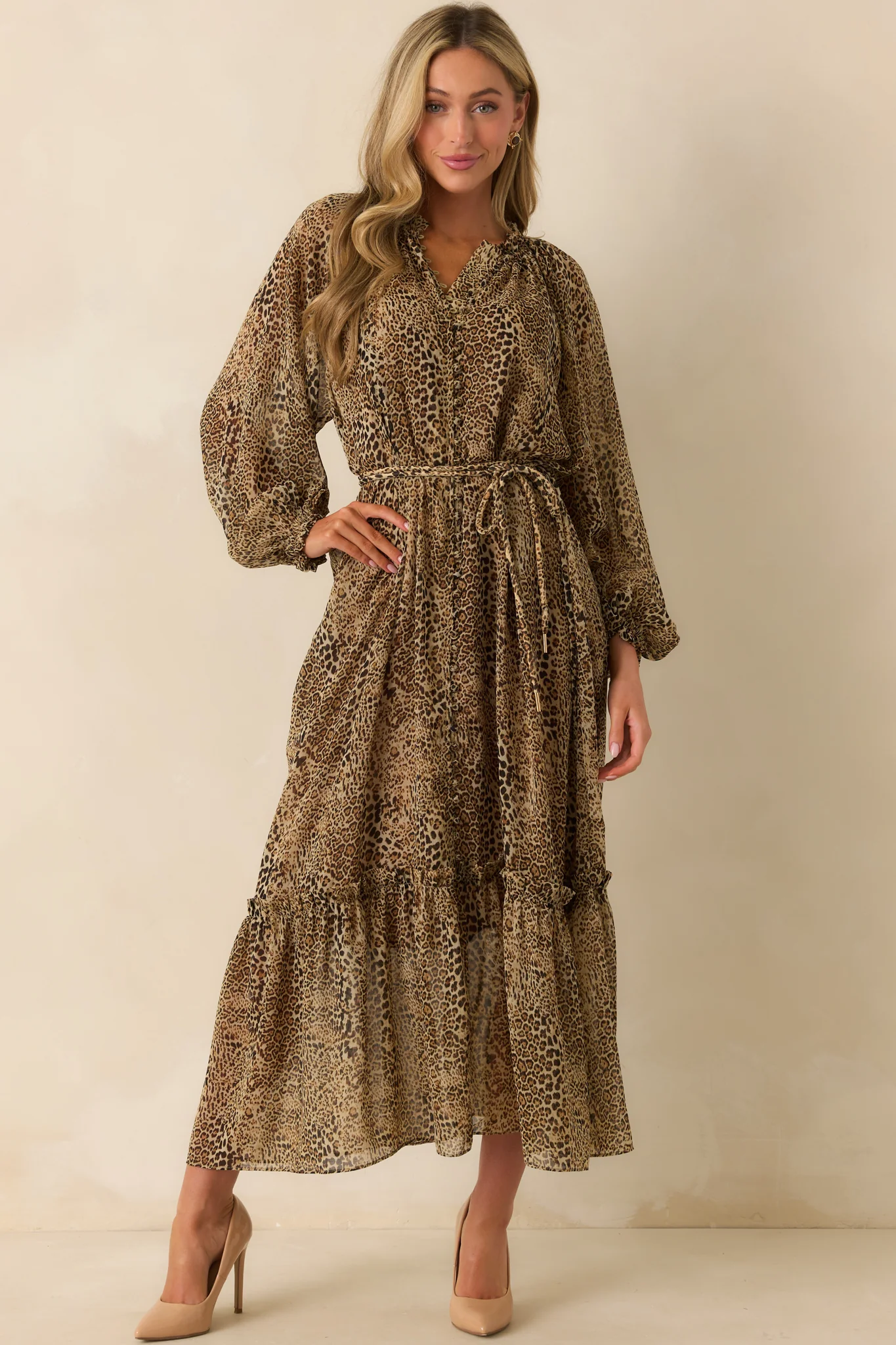 Point Taken Brown Leopard Print Chiffon Maxi Dress