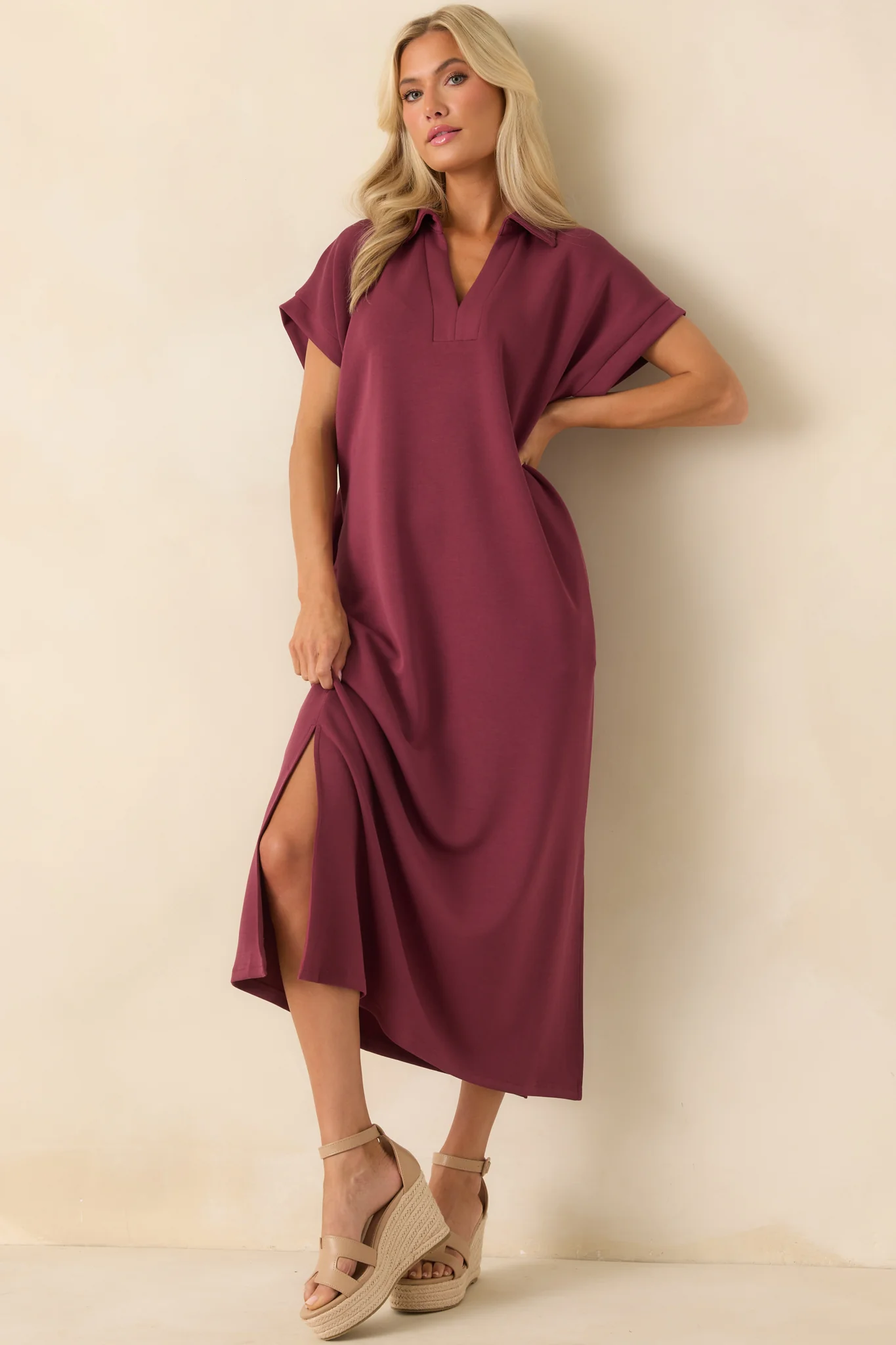 Made The Right Call Burgundy Collared Midi T-Shirt Dress
