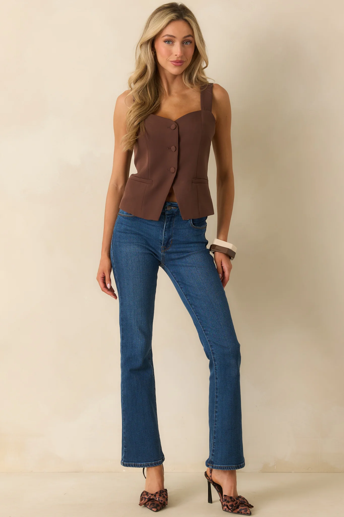 Sweet And Certain Chocolate Brown Button Front Waistcoat Top