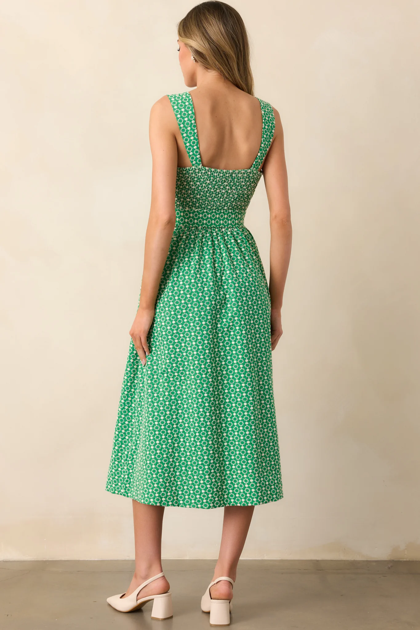 Cameron Meadow Green Cotton Belted Midi Dress