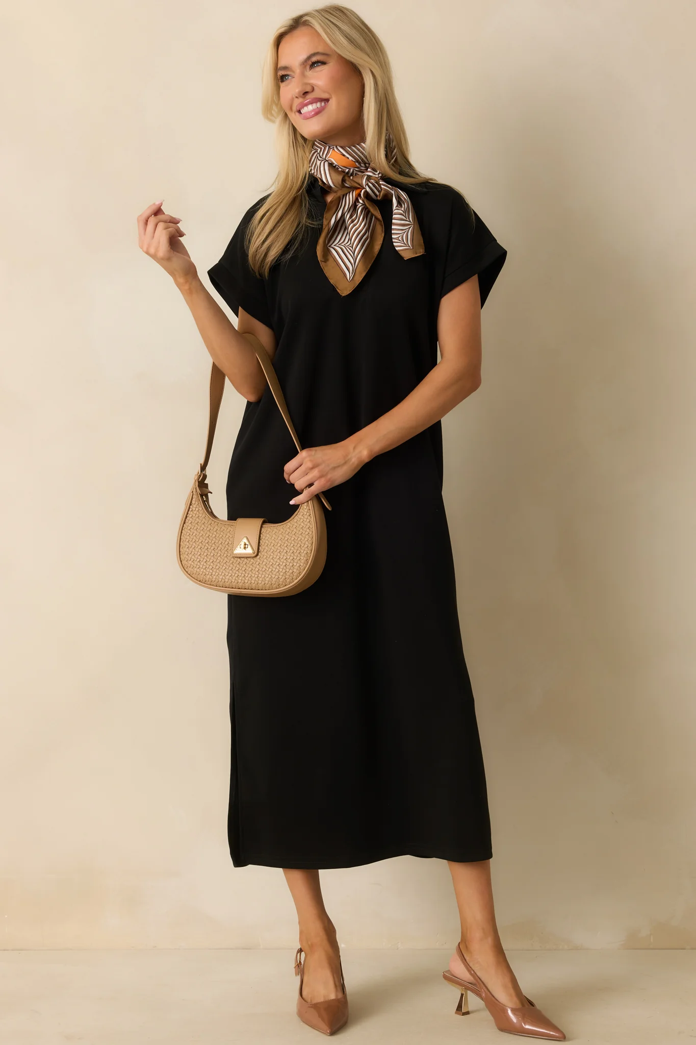 Made The Right Call Black Collared Midi T-Shirt Dress
