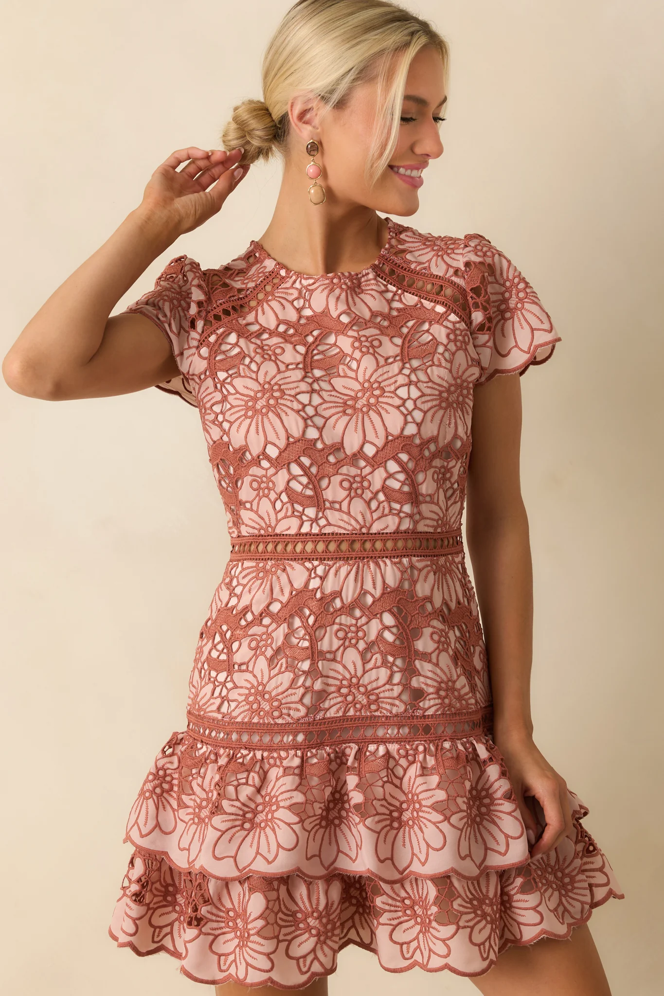Can’t Miss This Terracotta Multi Floral Embroidered Lace Mini Dress