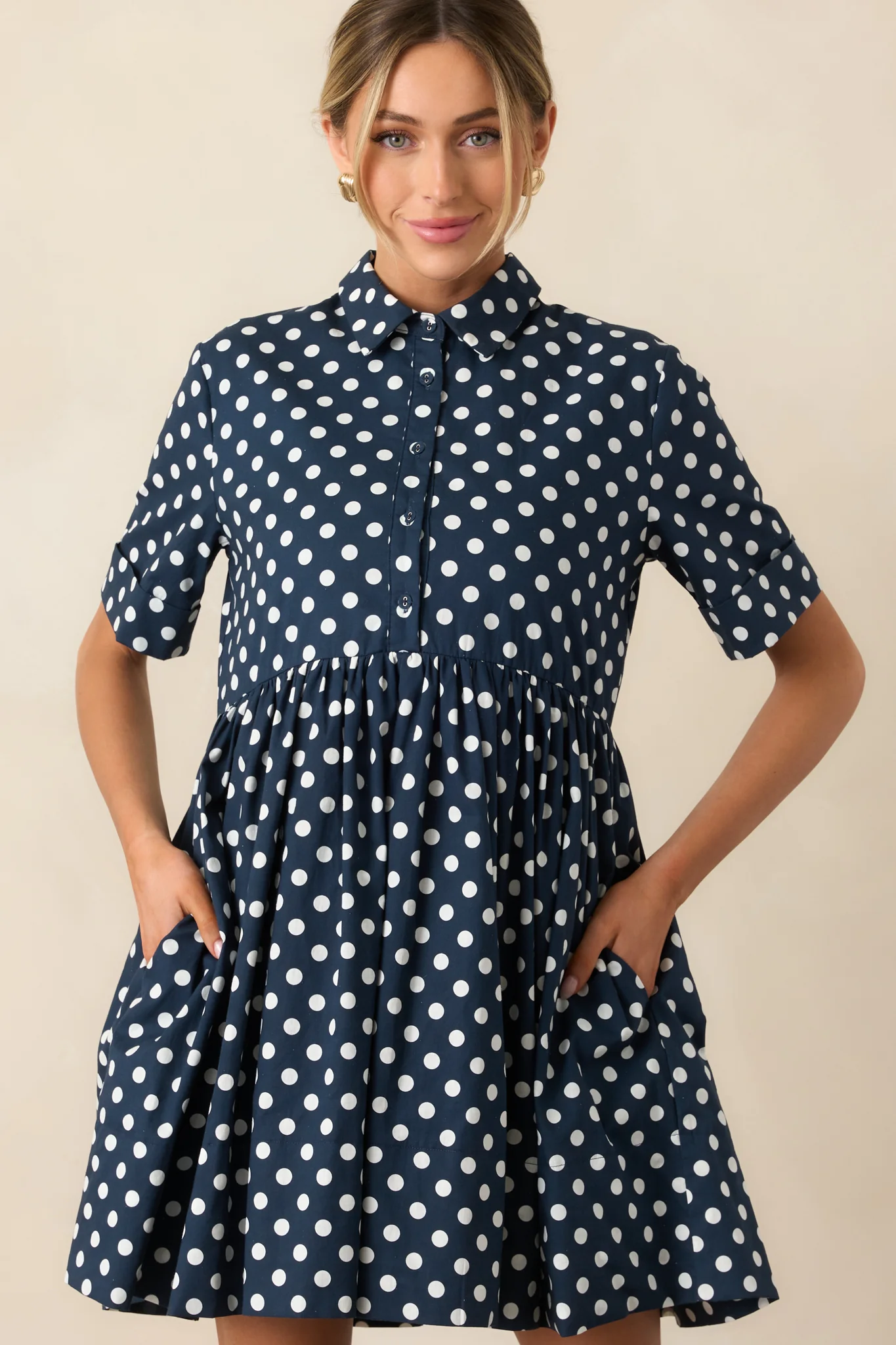 Prosperina Piper Navy Polka Dot Cotton Mini Dress