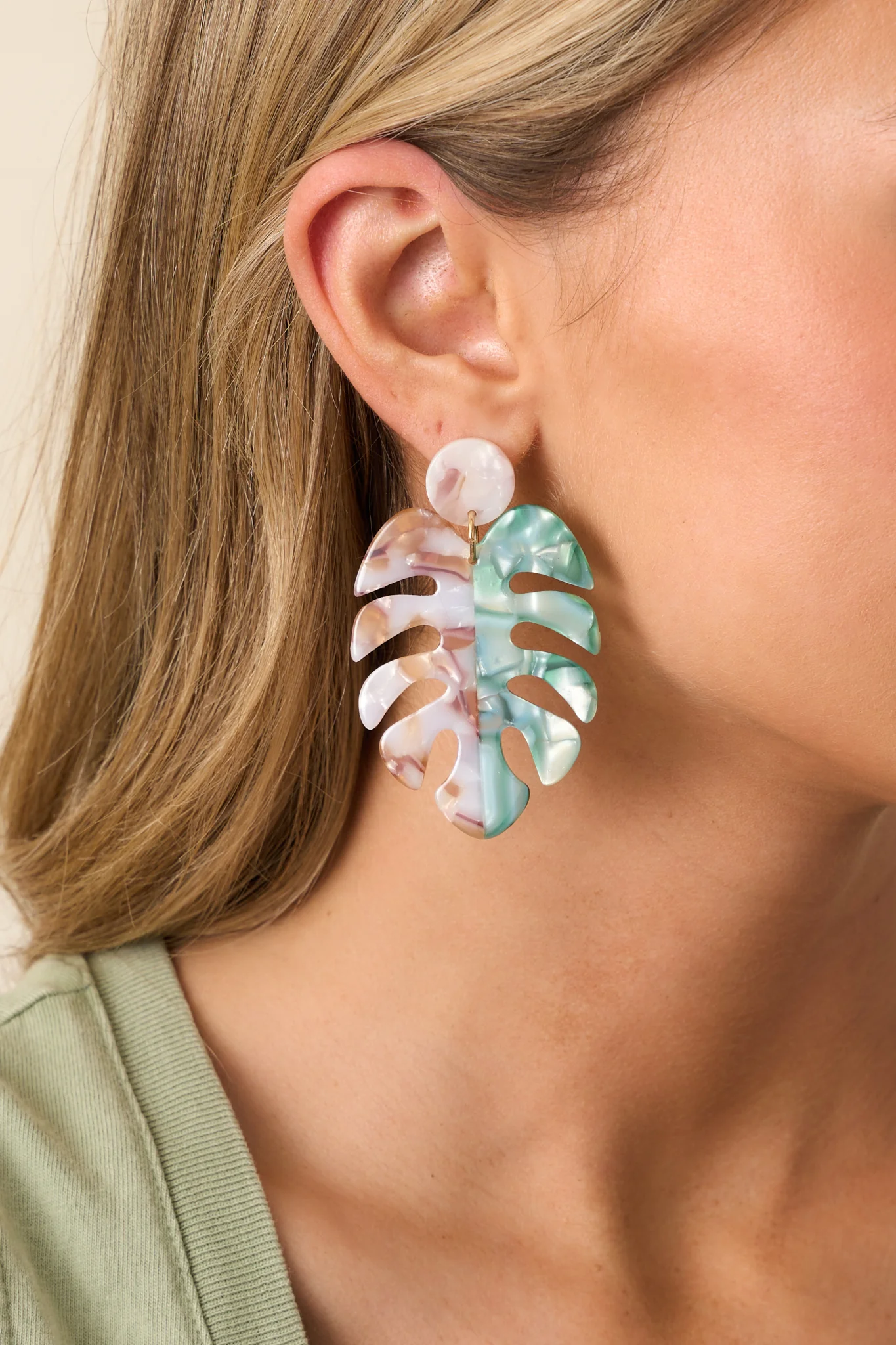 Sea Level Green Multi Pearlescent Monstera Leaf Earrings