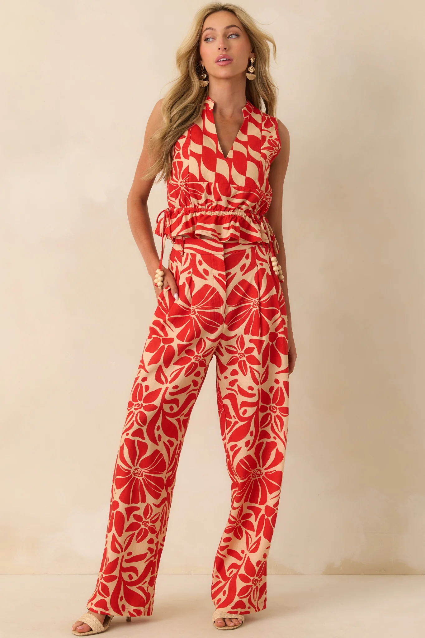 Aylaya Red Geometric Print Linen Blend Boracay Top