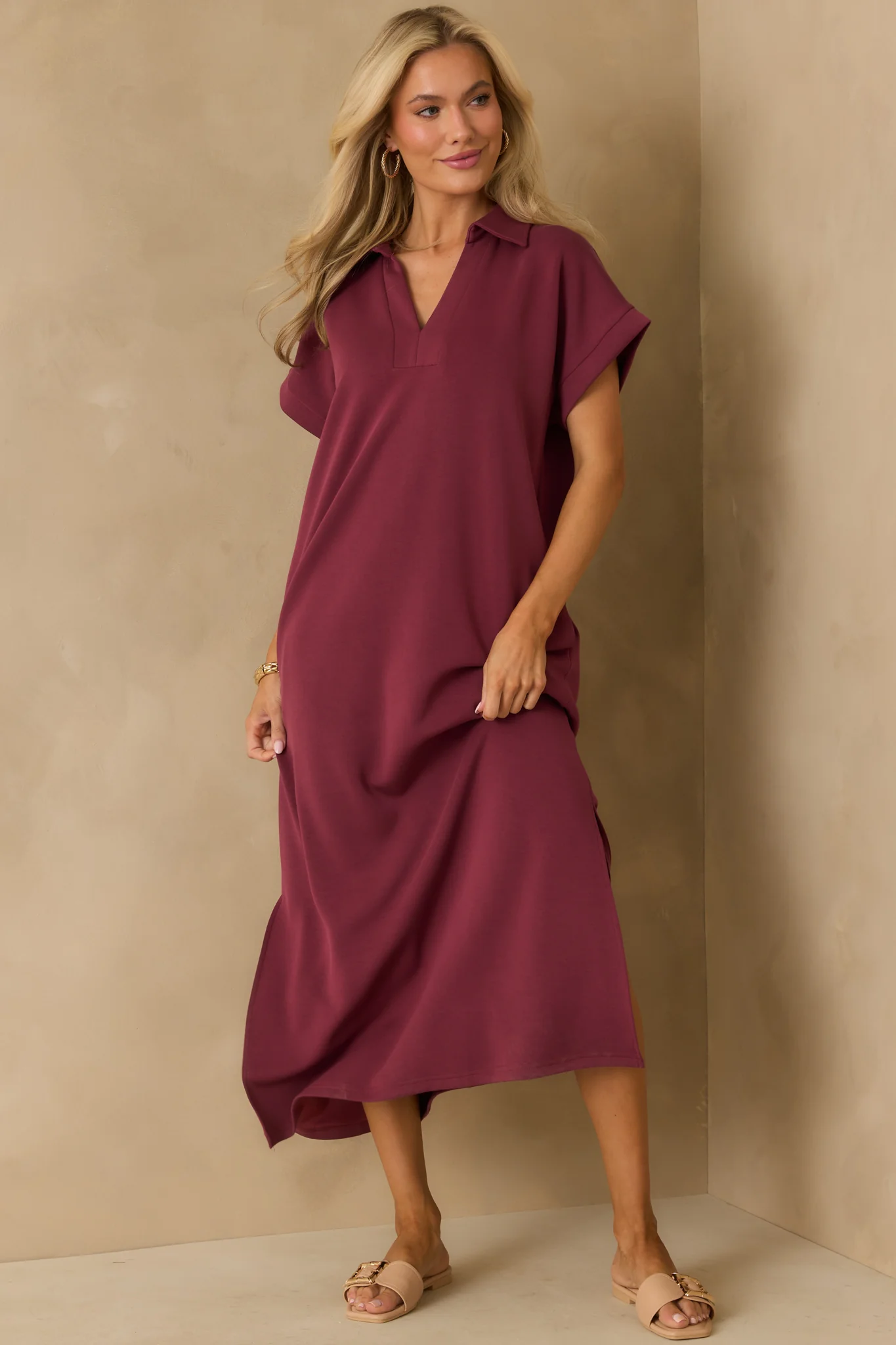 Made The Right Call Burgundy Collared Midi T-Shirt Dress