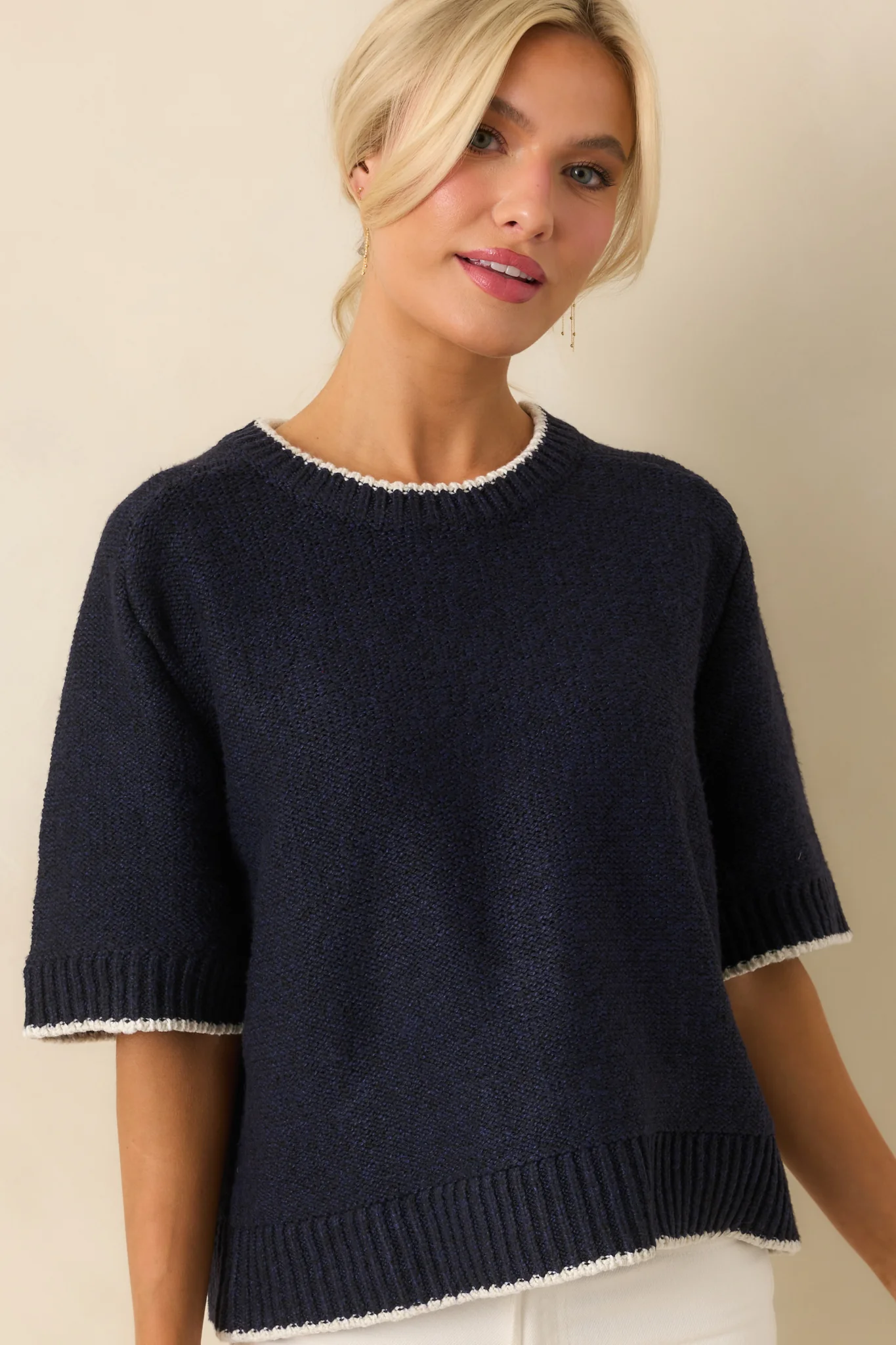 Never Looked Back Navy Contrast Trim Short Sleeve Sweater