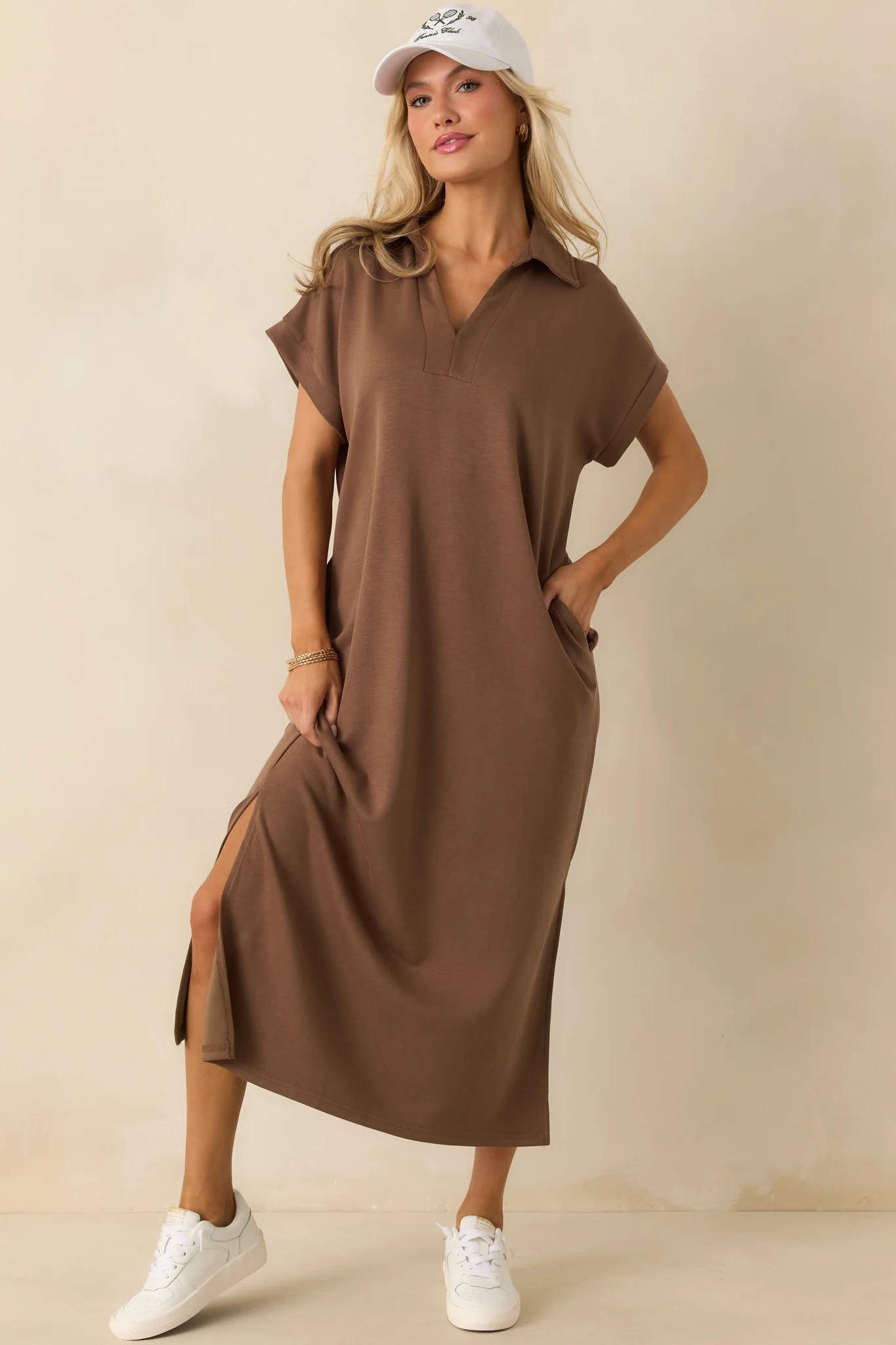 Made The Right Call Mocha Brown Collared Midi T-Shirt Dress
