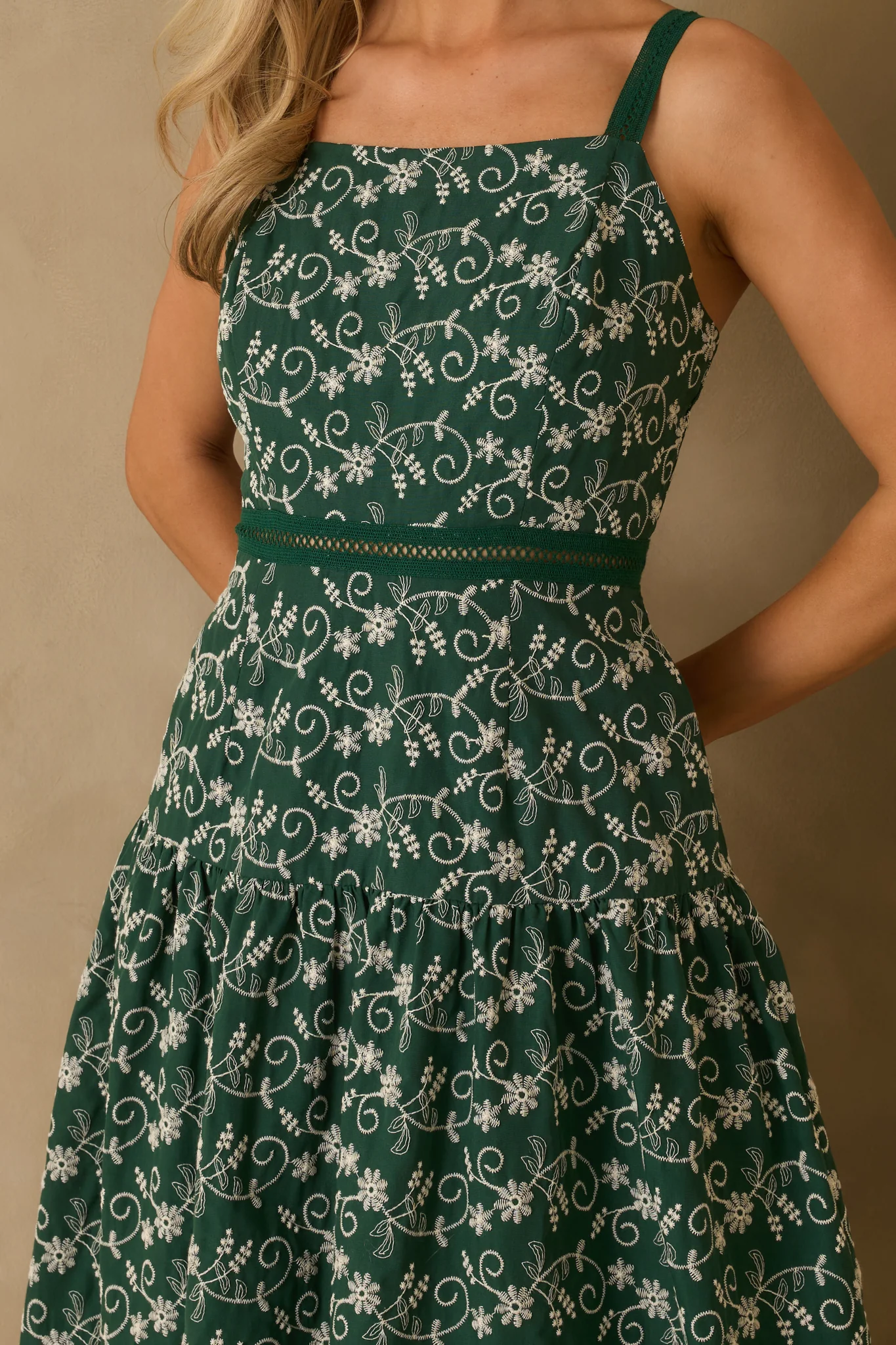 On My Side Hunter Green Floral Embroidered Eyelet Maxi Dress