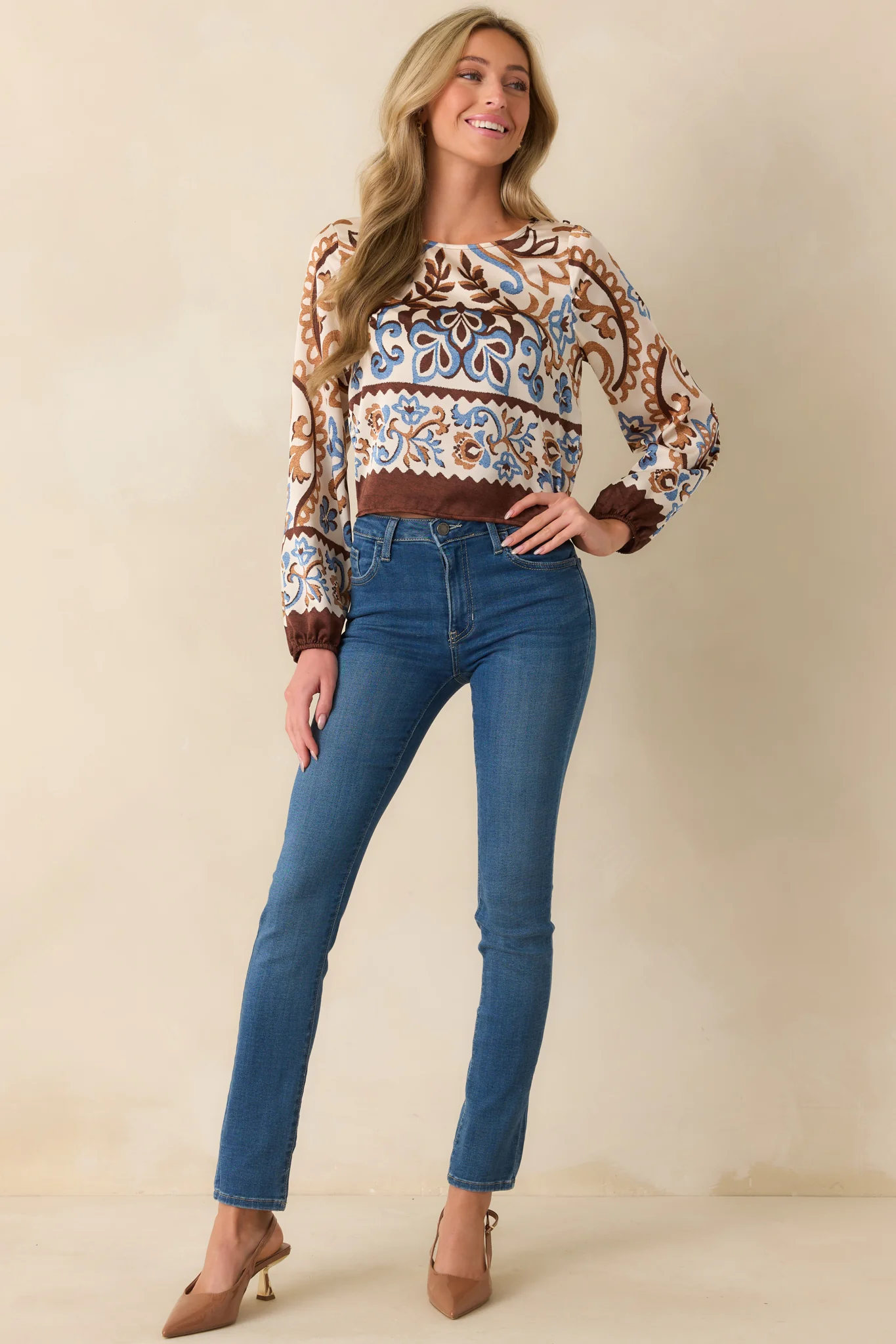 It'll All Make Sense Ivory Multi Print Satin Long Sleeve Top