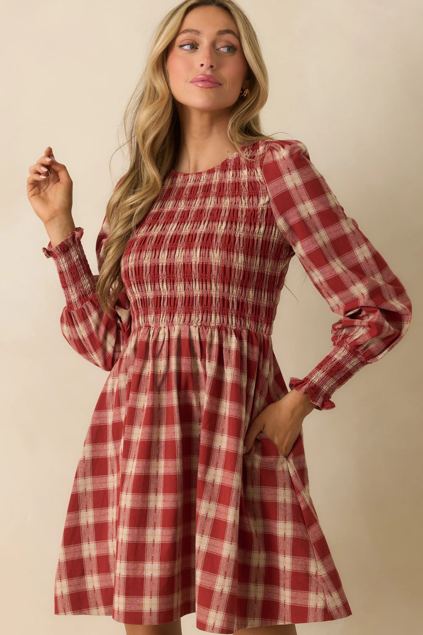 By All Means Brick Red Gingham Cotton Long Sleeve Mini Dress