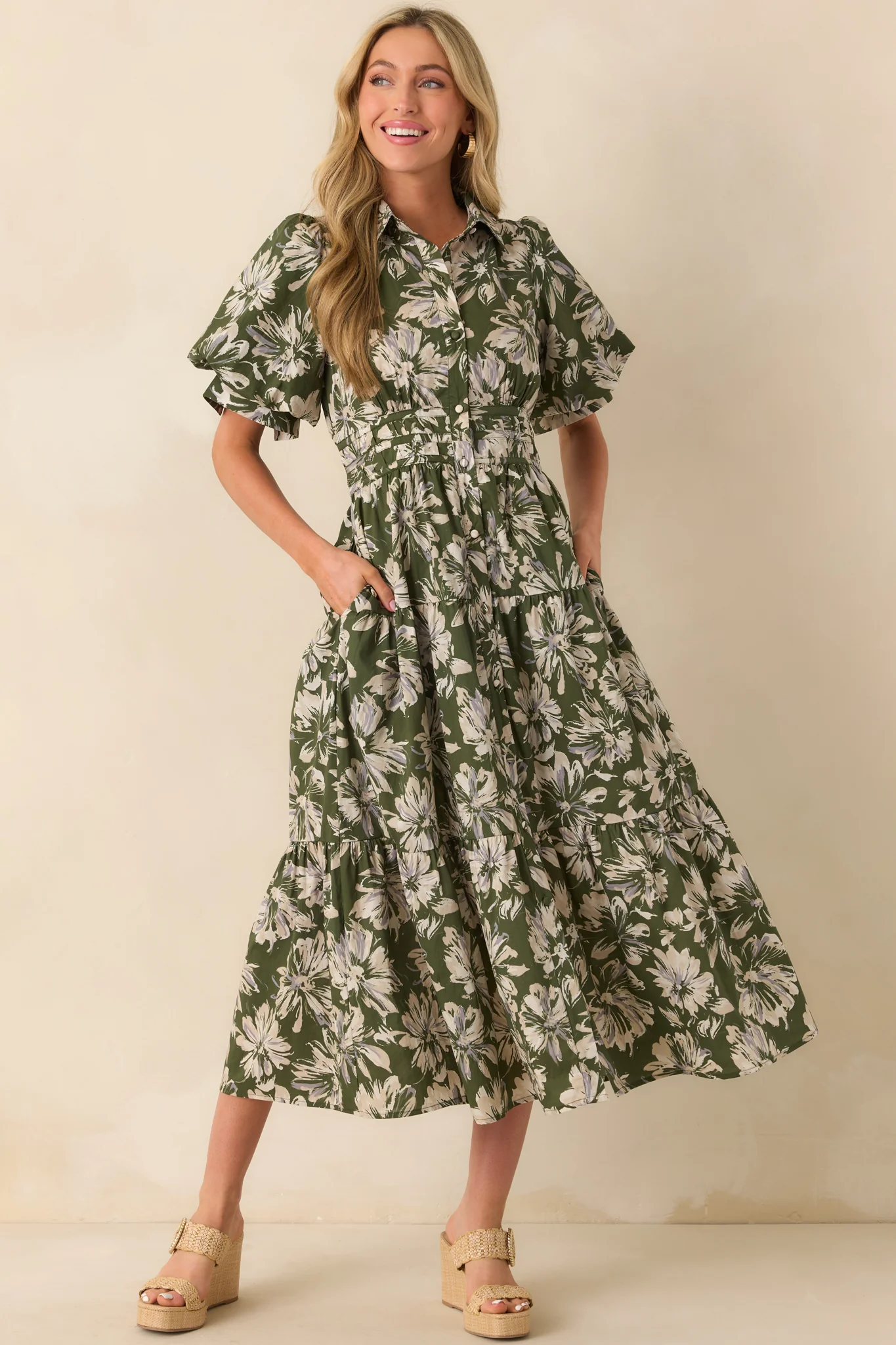 Slow Sundays Olive Green Floral Print Cotton Maxi Shirt Dress