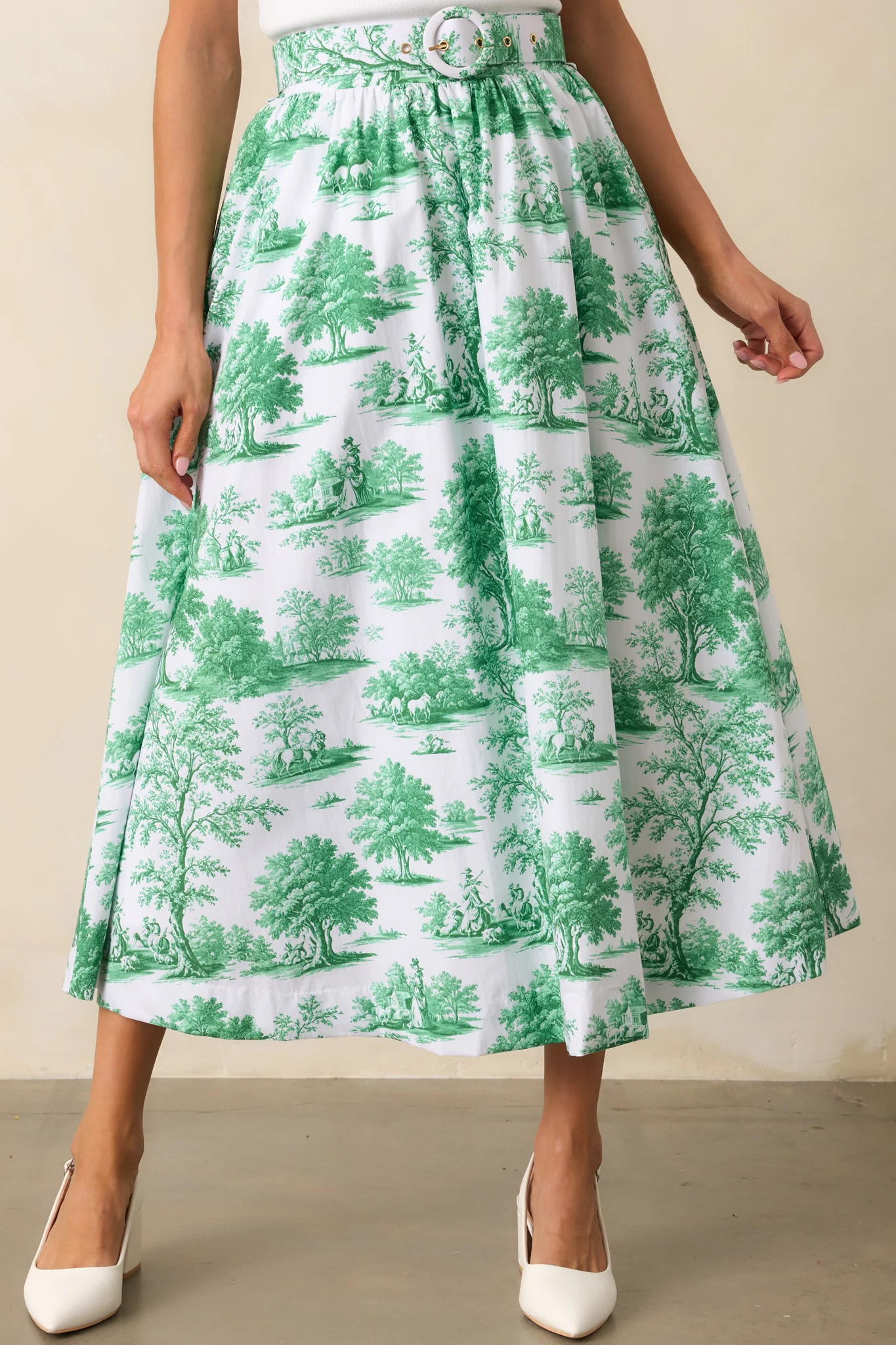 Thena Eden Green Toile Cotton Belted Midi Skirt