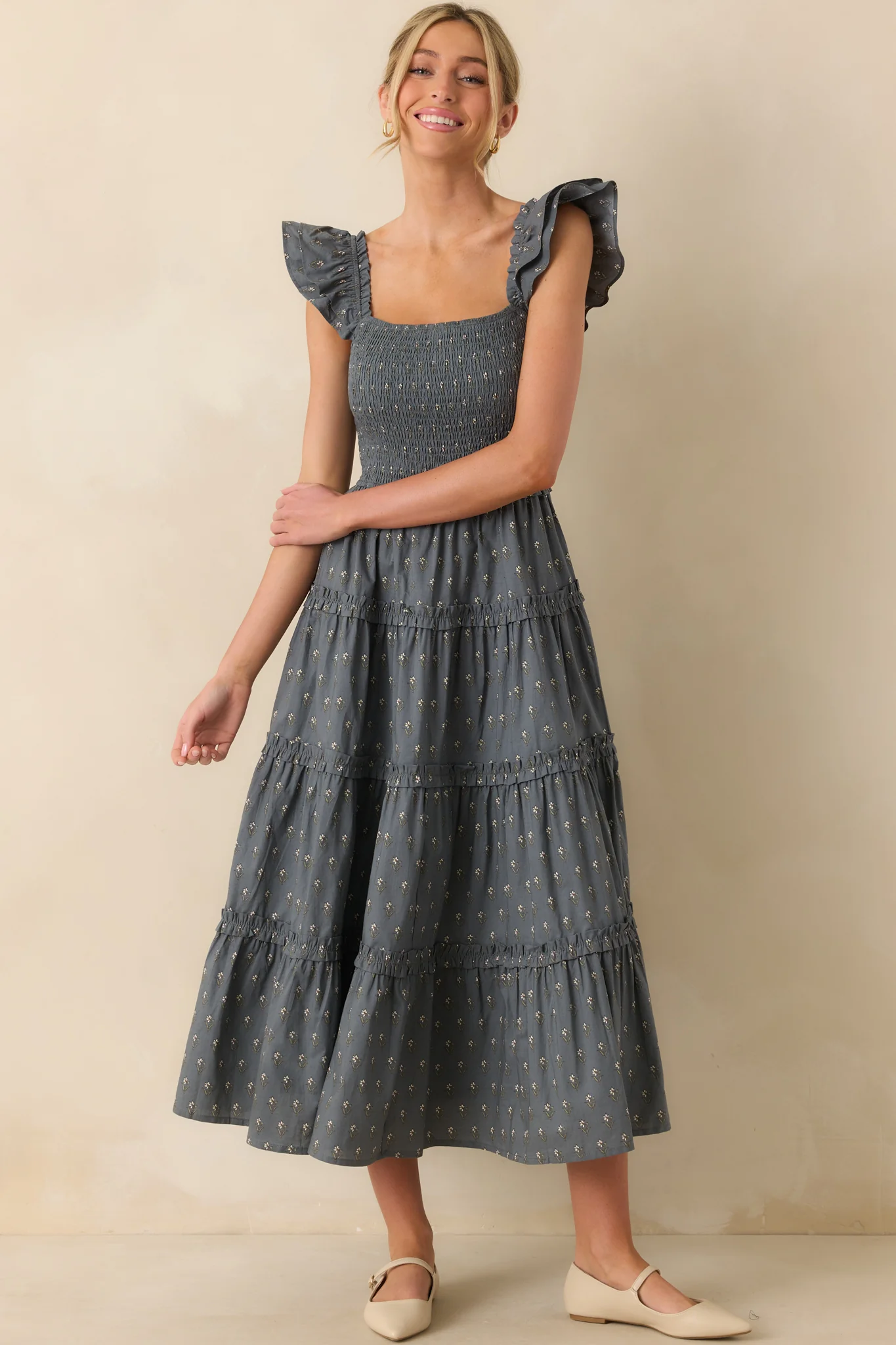 Wildflower Wish Slate Blue Multi Floral Print Cotton Midi Dress