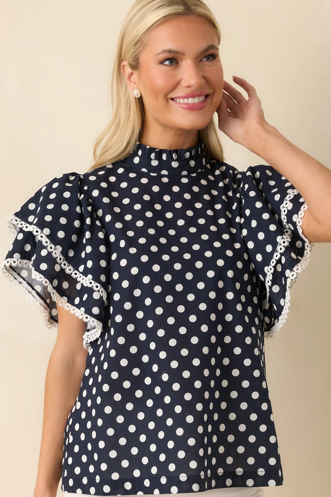Prosperina Blair Navy Polka Dot Cotton Ruffle Top