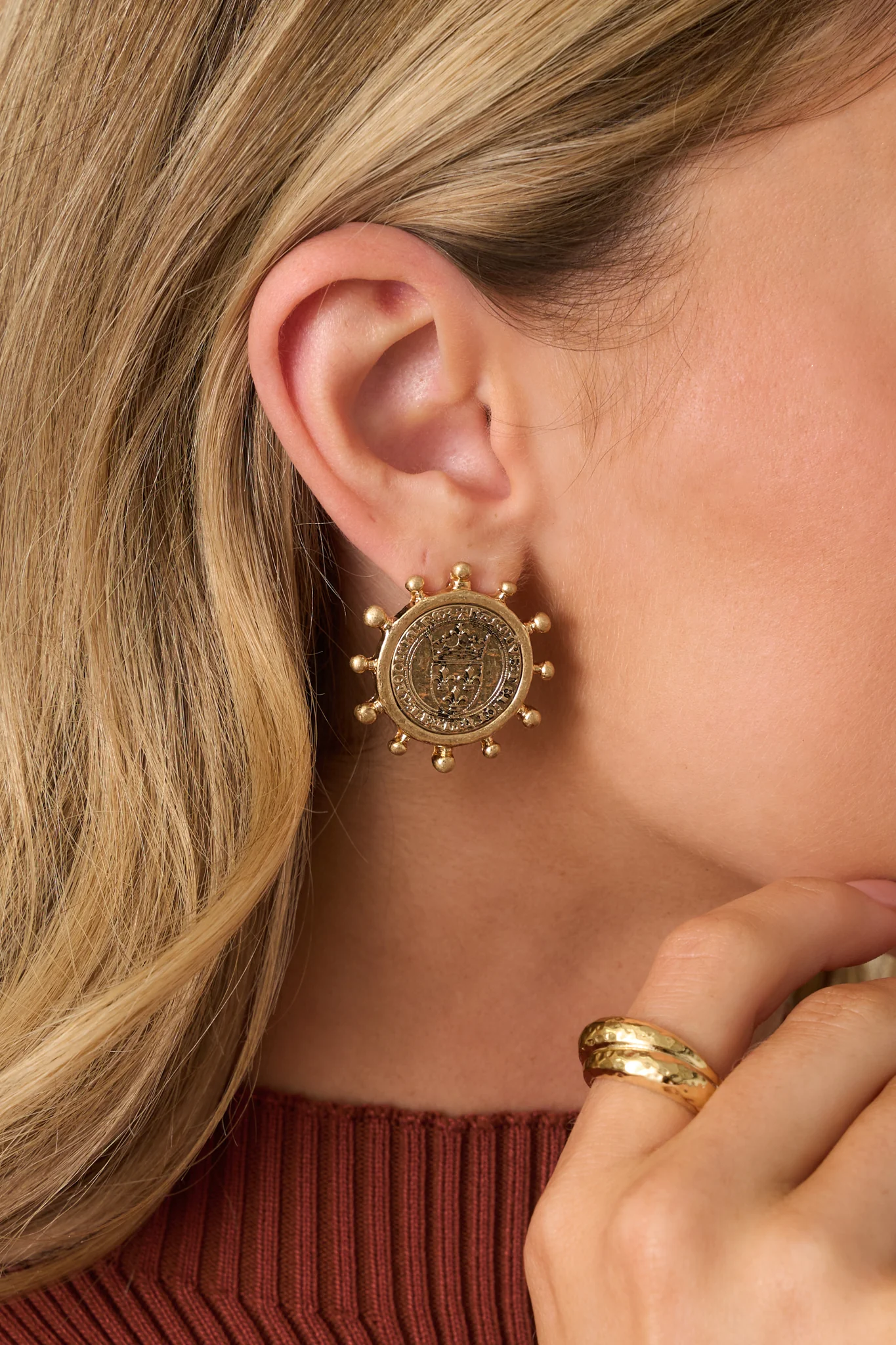Antique Gold Coin Embossed Medallion Earrings