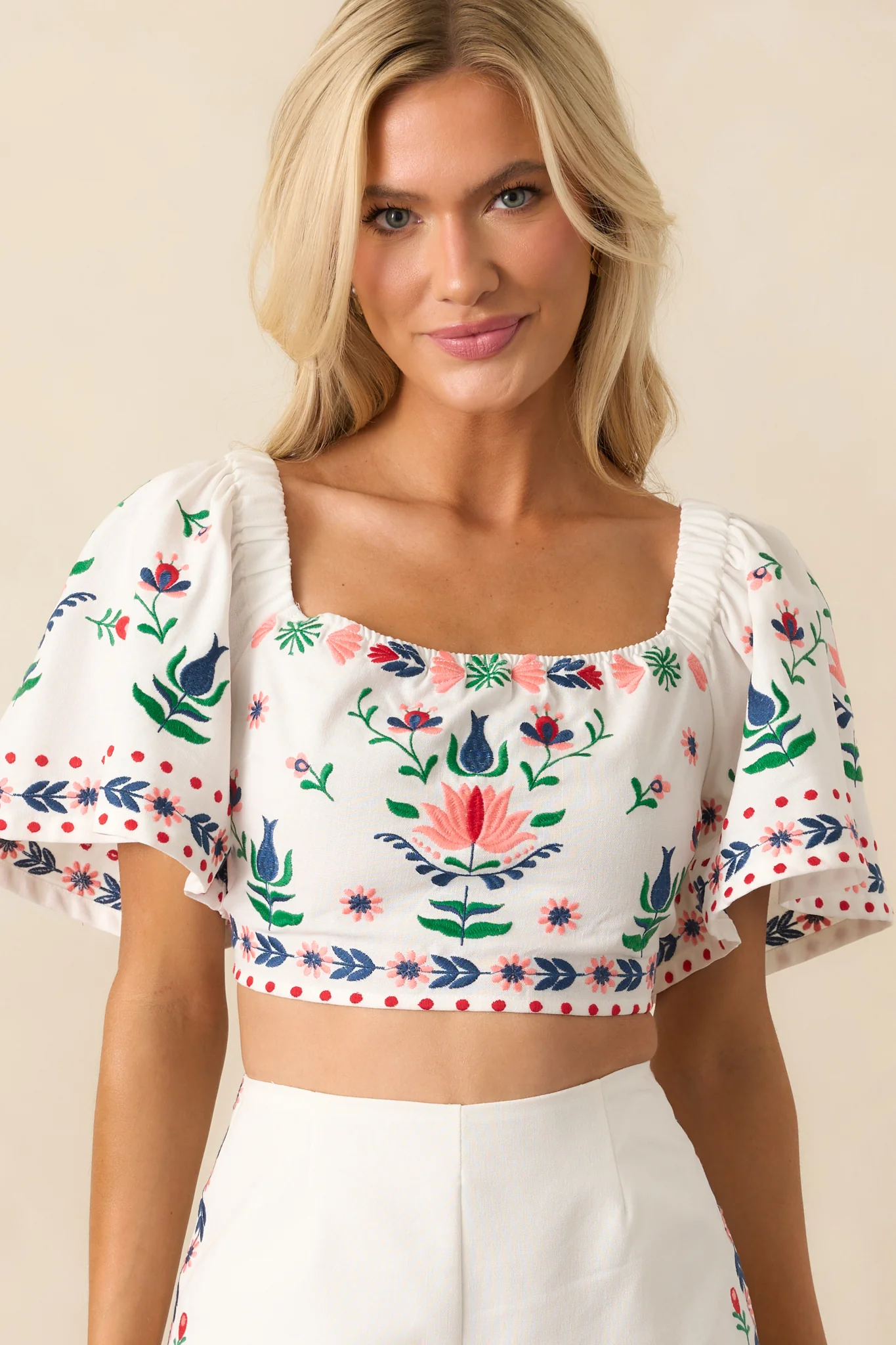 This Is The Good Part Ivory Floral Embroidered Crop Top