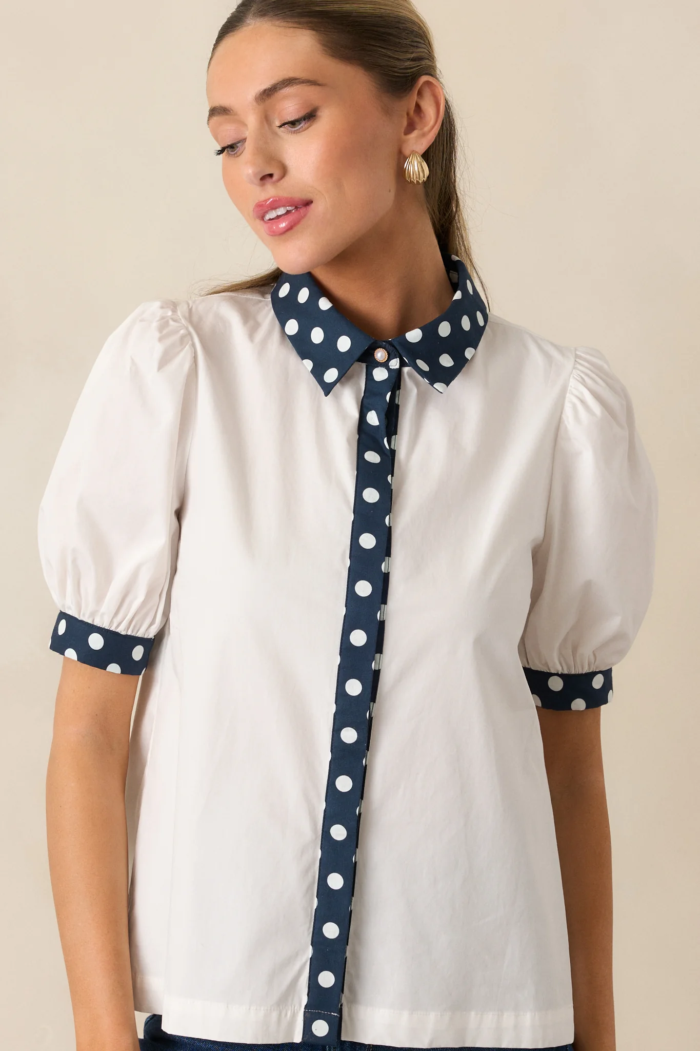 Prosperina Penny White Cotton Button Front Top