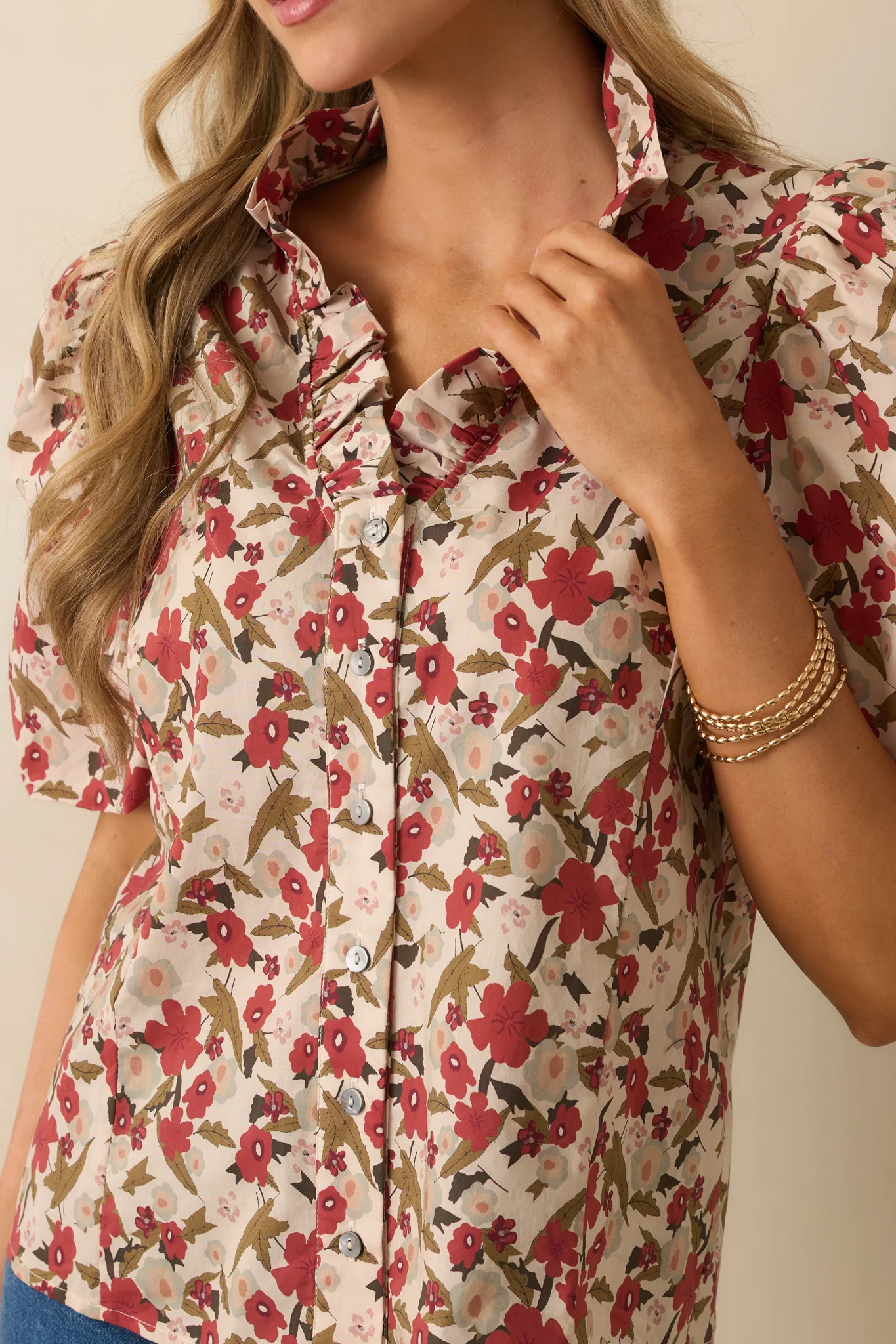 When You Know Red Multi Floral Print Cotton Puff Sleeve Top