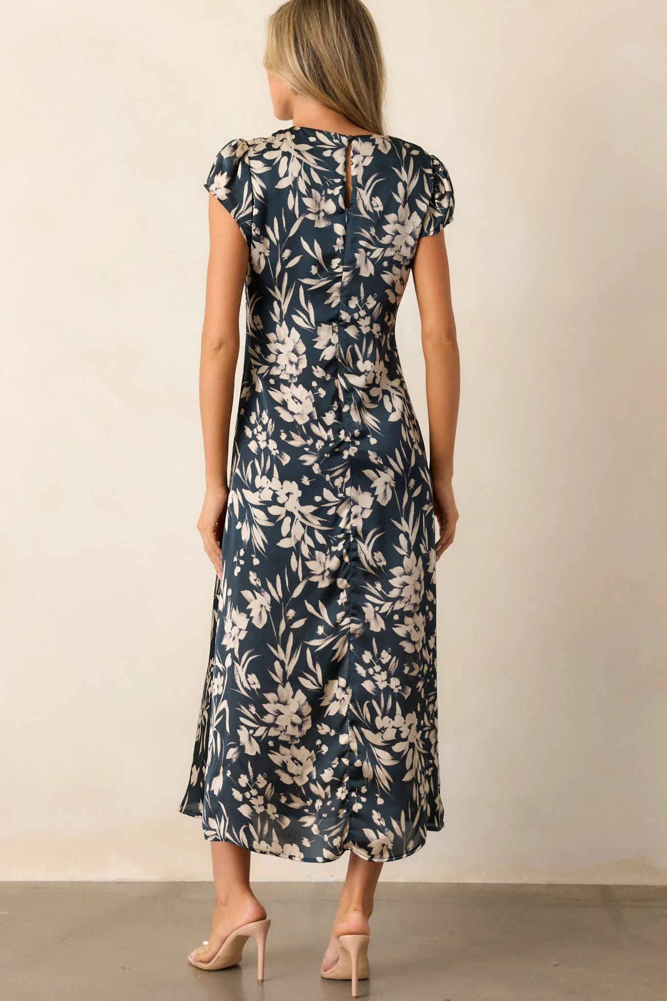 Silver Springs Dark Teal Floral Satin Midi Dress