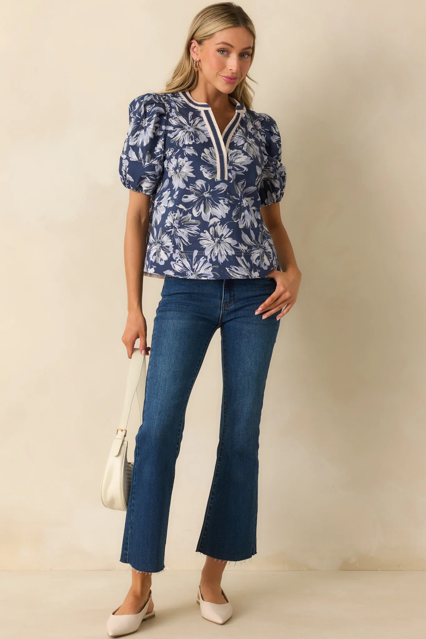 A Good Sign Navy Floral Print Cotton Puff Sleeve Top