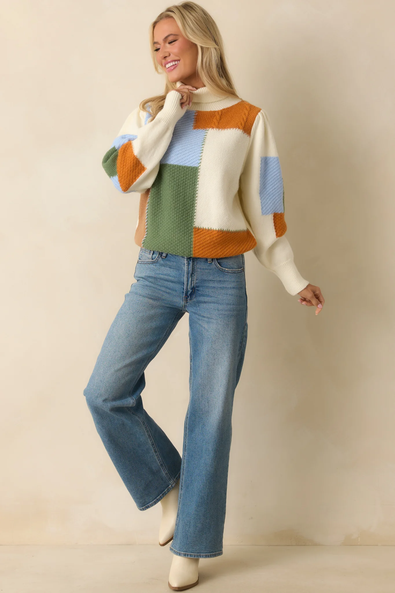 Ivory Multi Patchwork Turtleneck Sweater