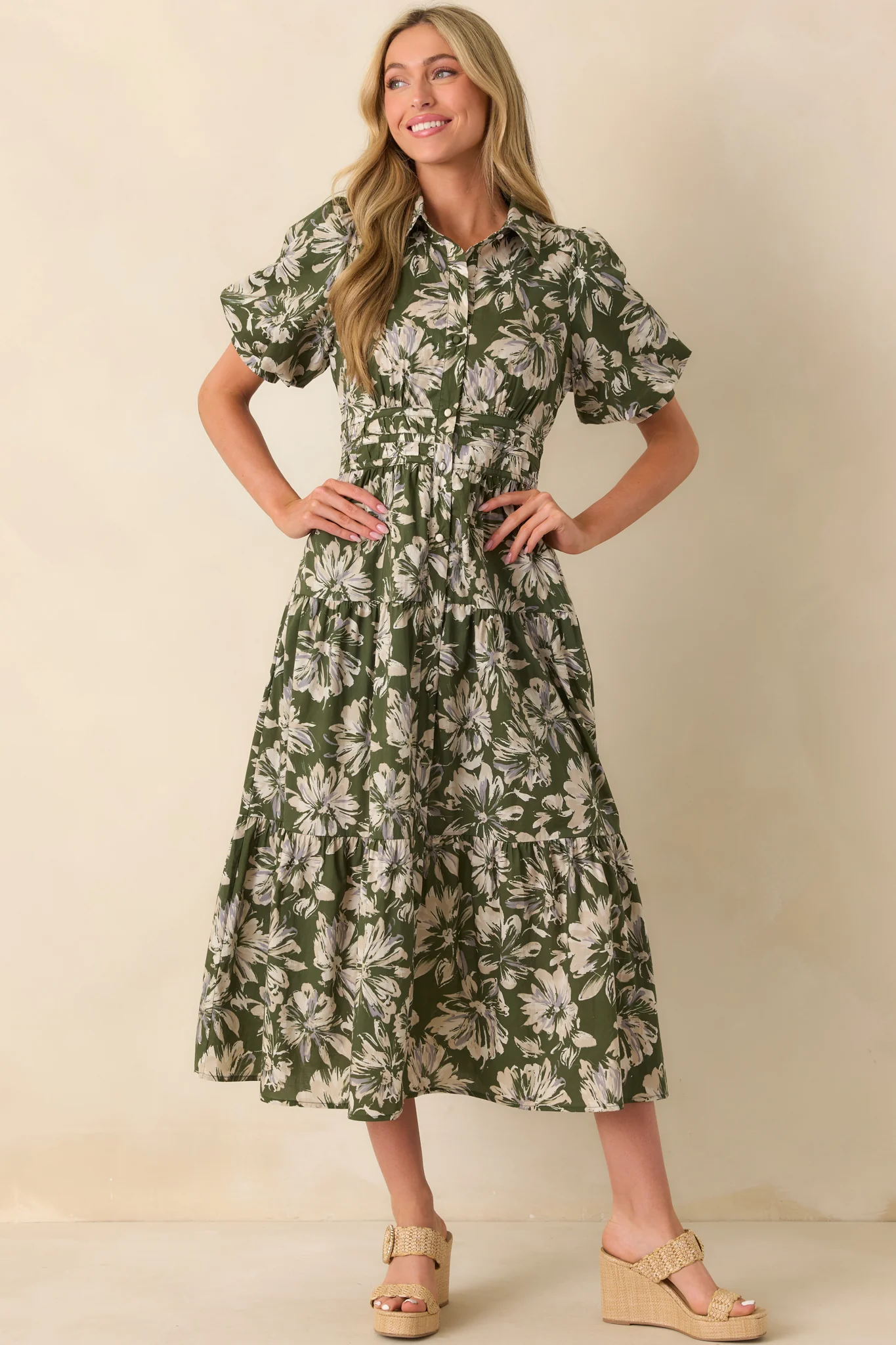 Slow Sundays Olive Green Floral Print Cotton Maxi Shirt Dress