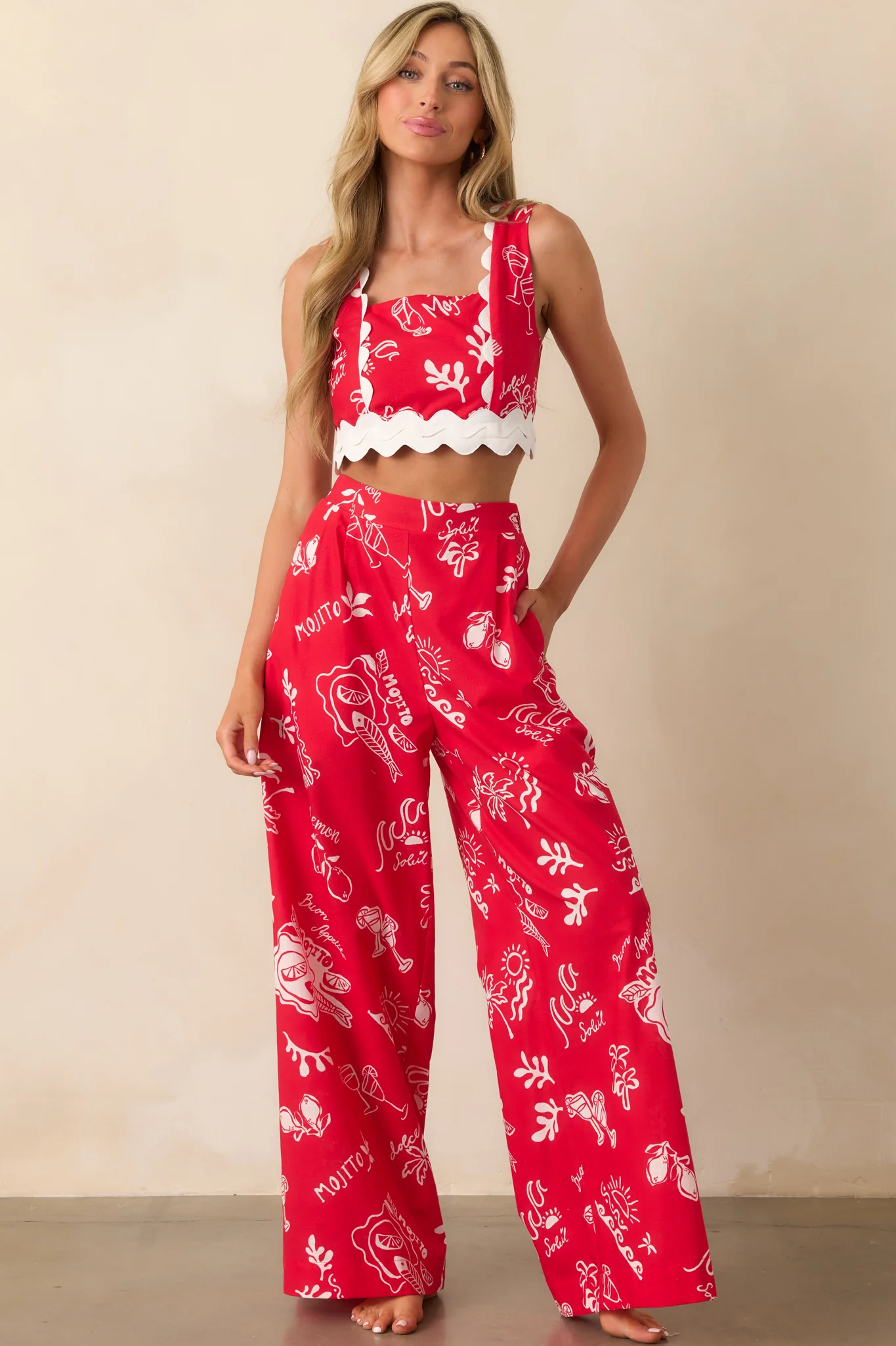 Prosperina Mia Red Mojito Print Scallop Crop Top