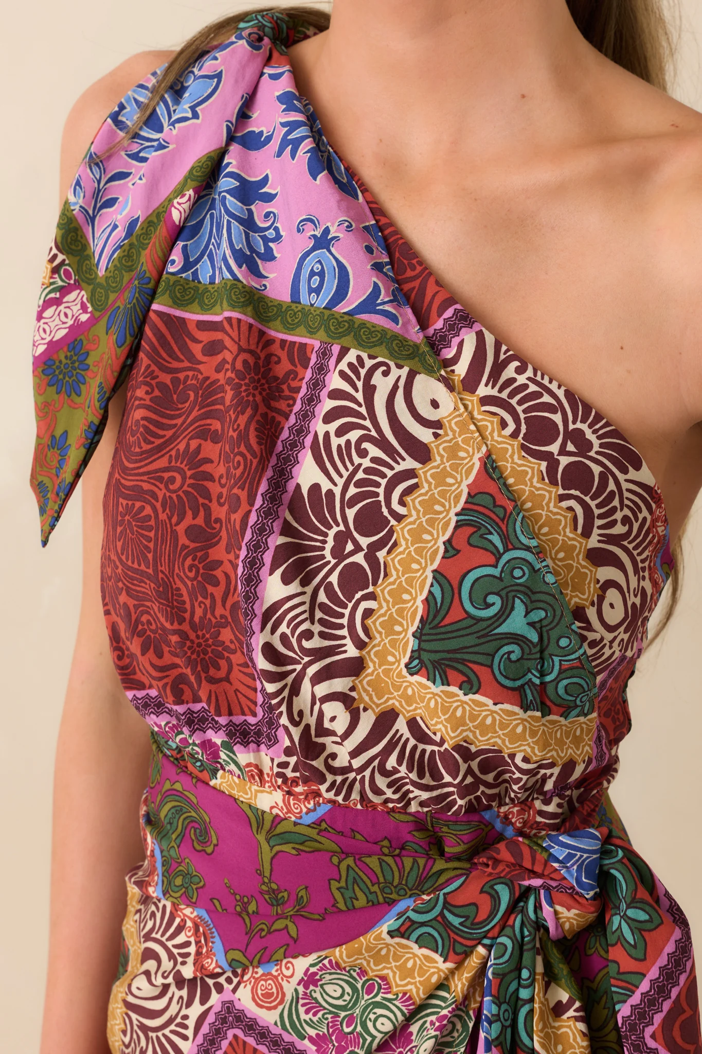 It's All Settled Red Multi Patchwork Print One Shoulder Maxi Dress