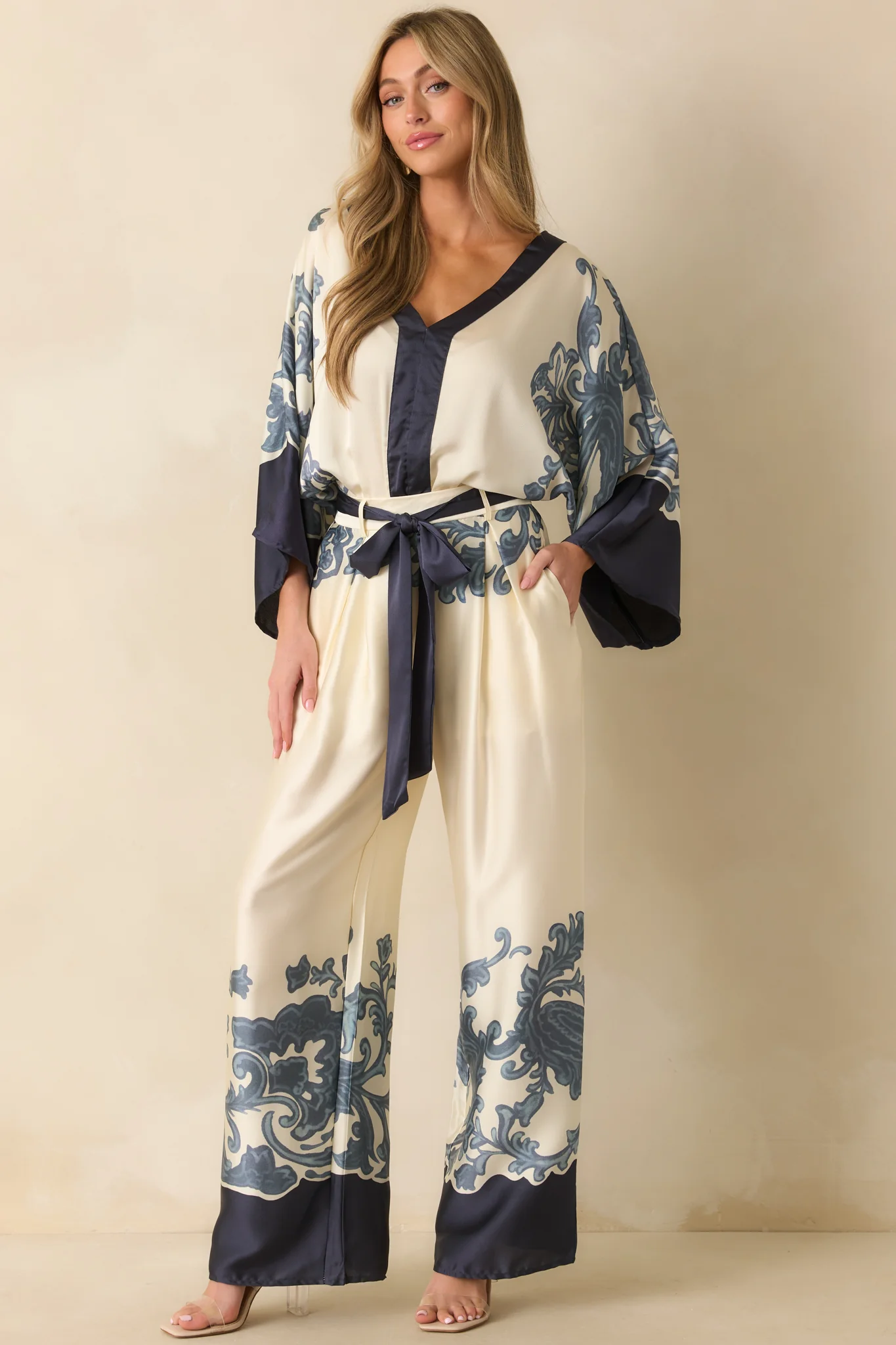 Navy Multi Print Belted Wide Leg Pants