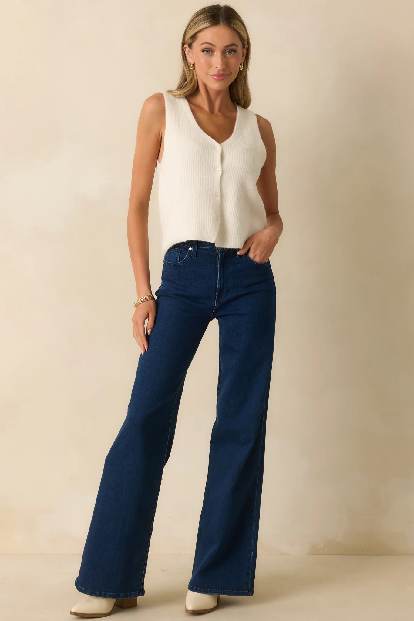 Dark Wash Cotton Denim Wide Leg Jeans
