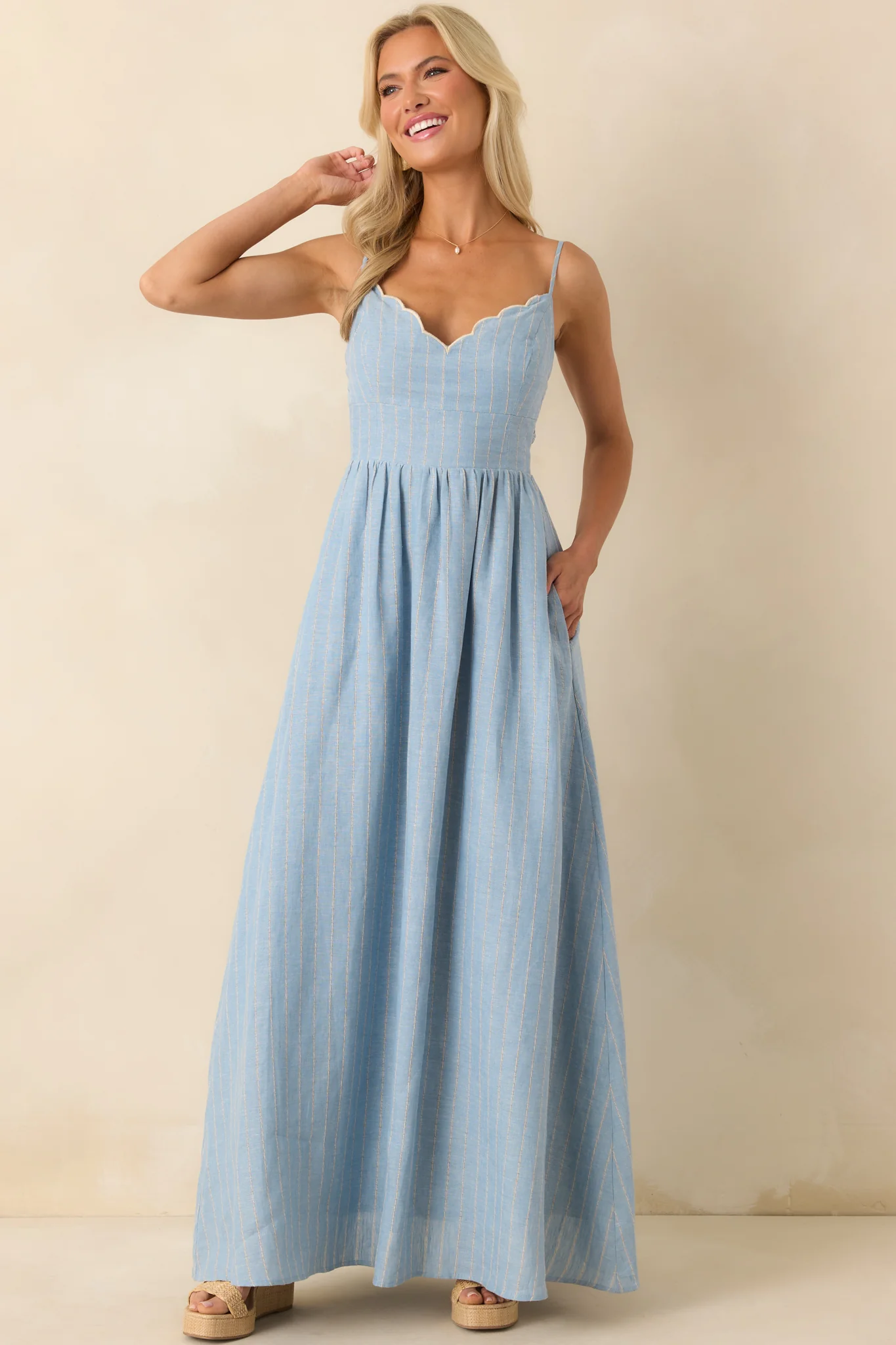 Aylaya Light Blue Stripe Linen Singapore Maxi Dress