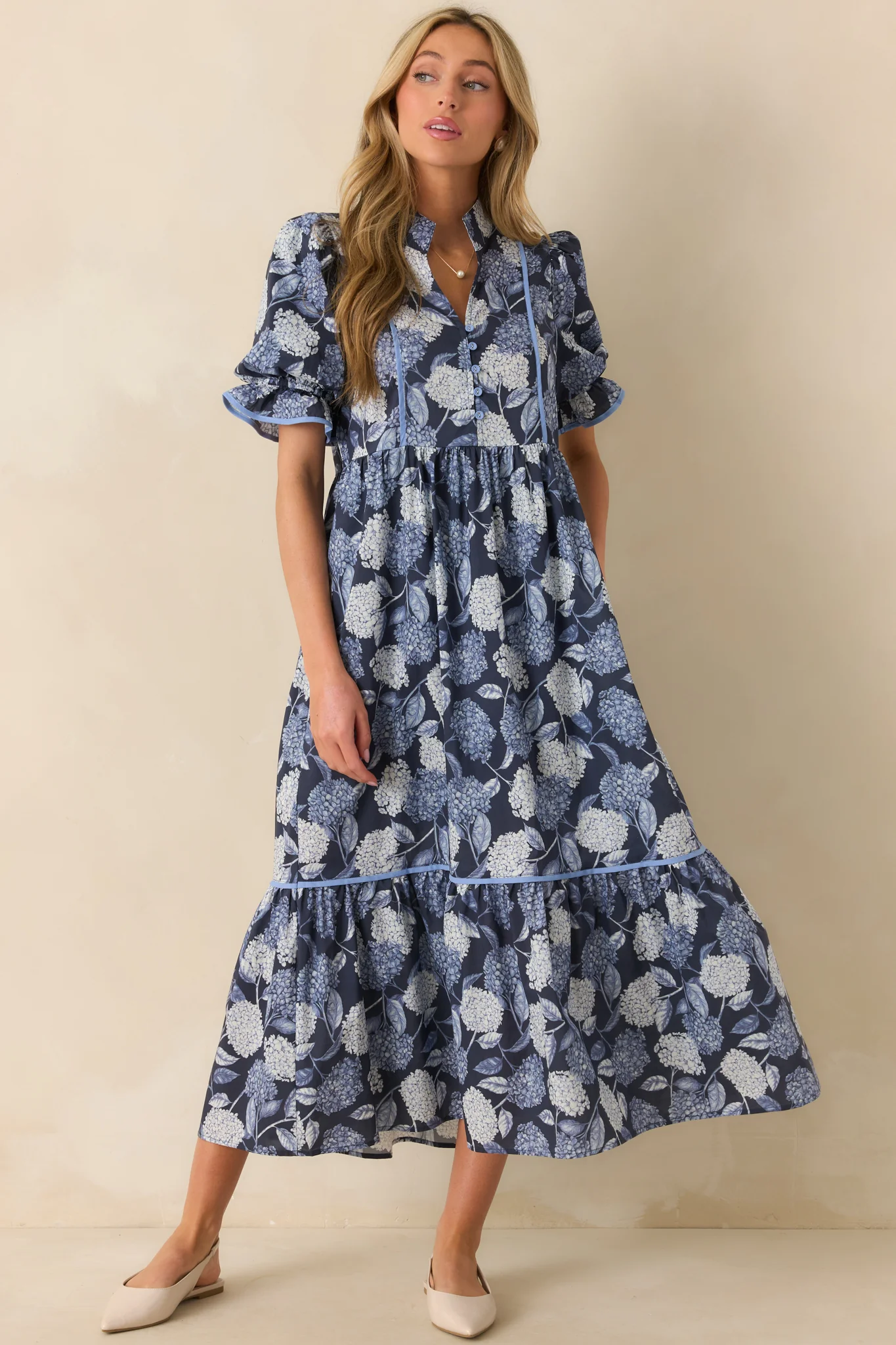 Setting The Pace Blue Hydrangea Floral Print Cotton Maxi Dress