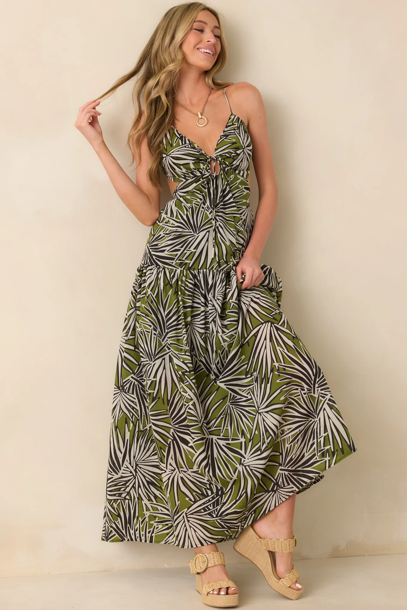 Not In A Hurry Olive Green Tropical Print Cotton Cutout Maxi Dress