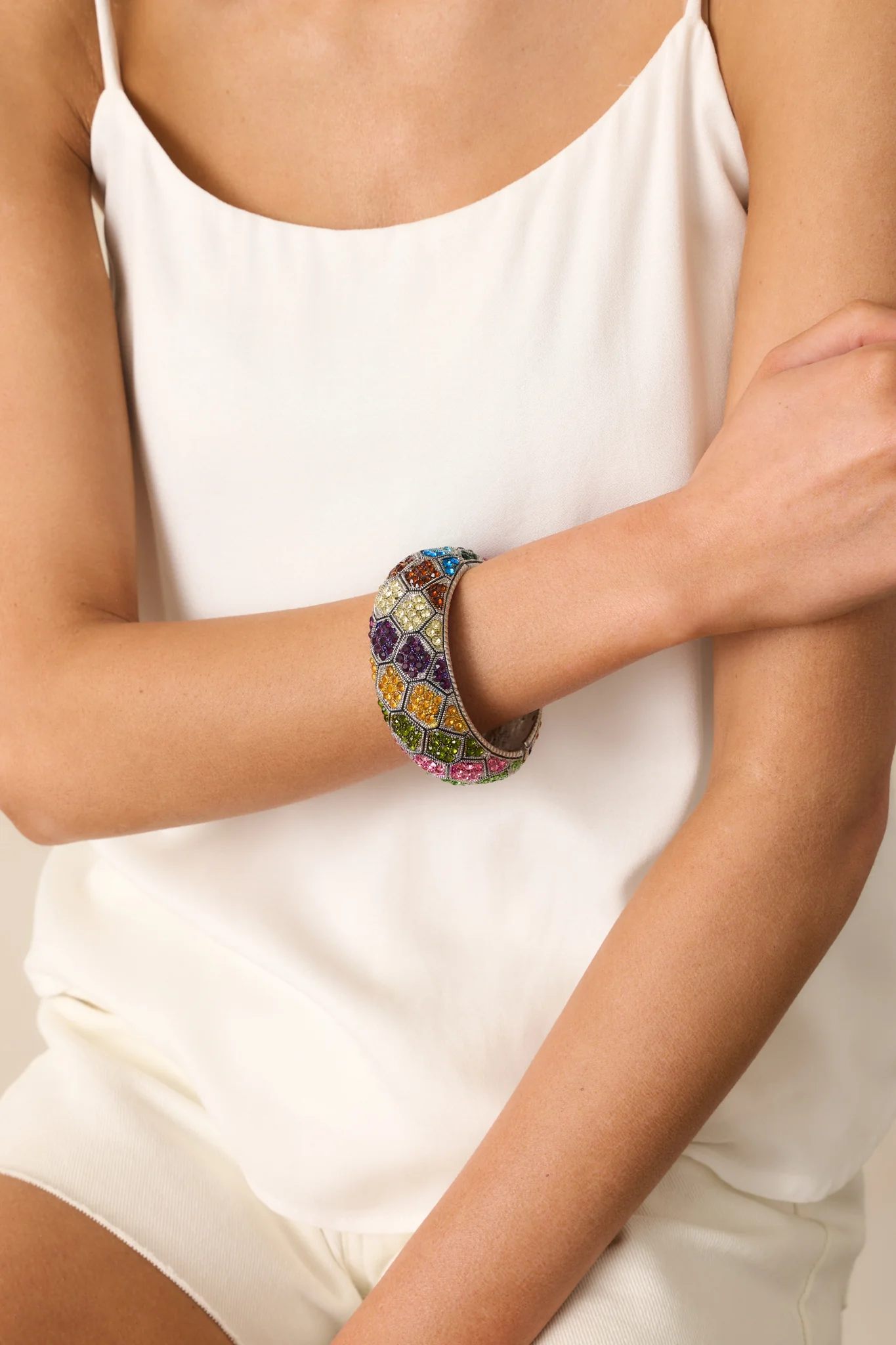 She's Going Places Silver Multi Rhinestone Hinged Cuff Bracelet