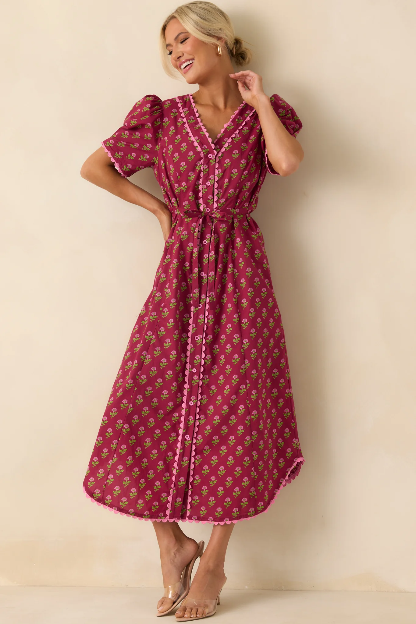 Always A Good Idea Burgundy Multi Floral Print Cotton Maxi Dress