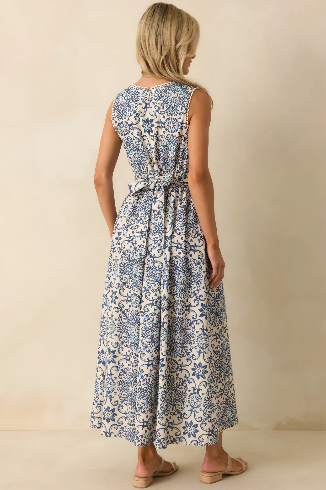 A Lovely Escape Blue Tile Print Linen Blend Sleeveless Maxi Dress