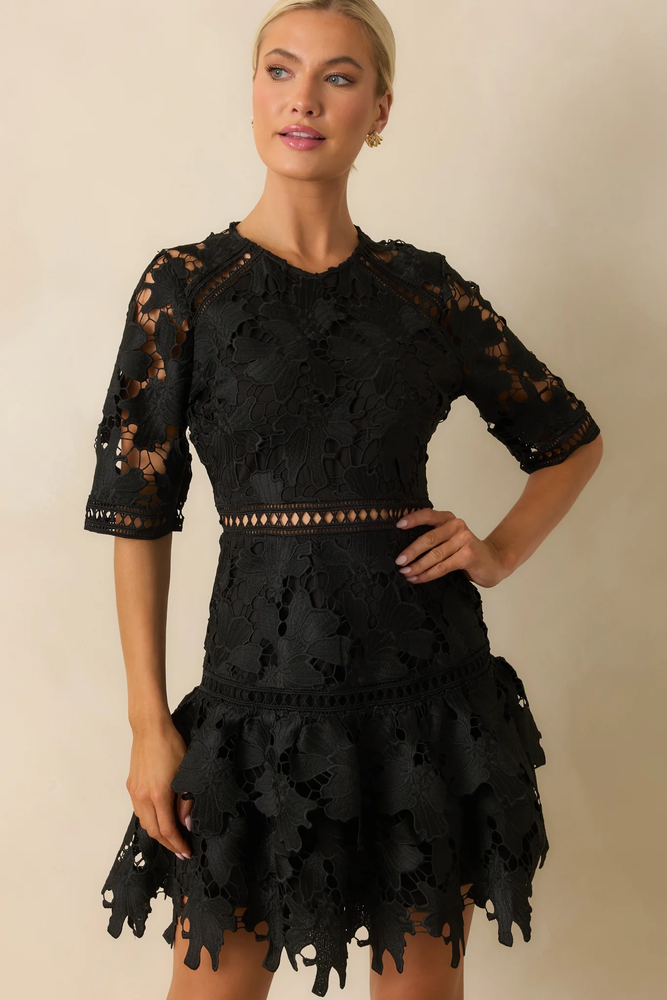 No Compromise Black Floral Guipure Lace Scallop Hem Mini Dress
