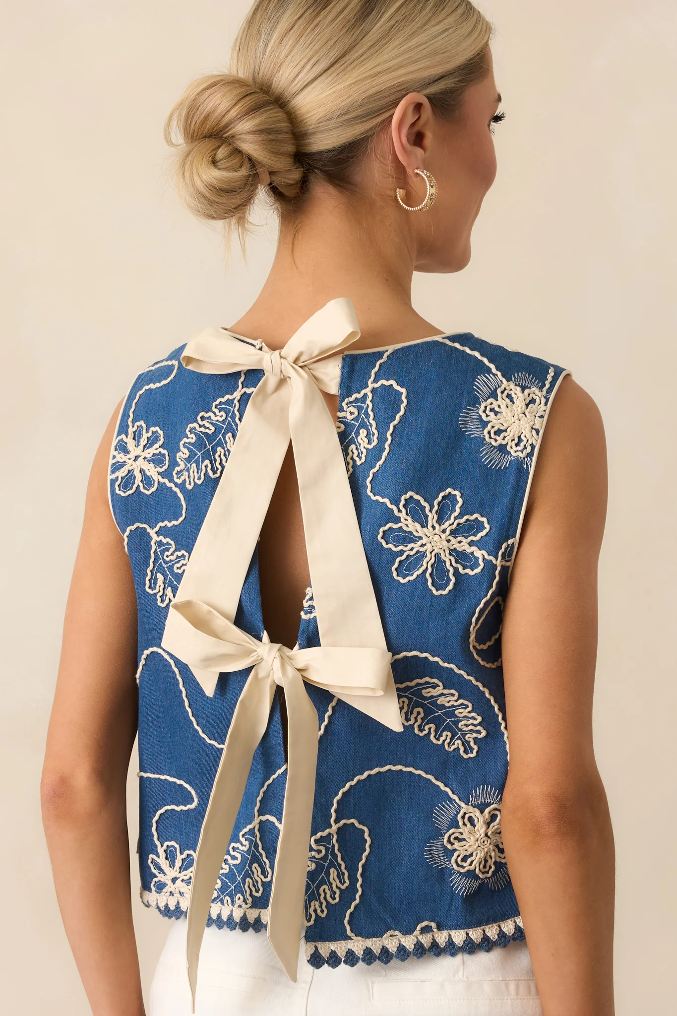 Keep Looking Up Dark Wash Cotton Denim Bow Back Top