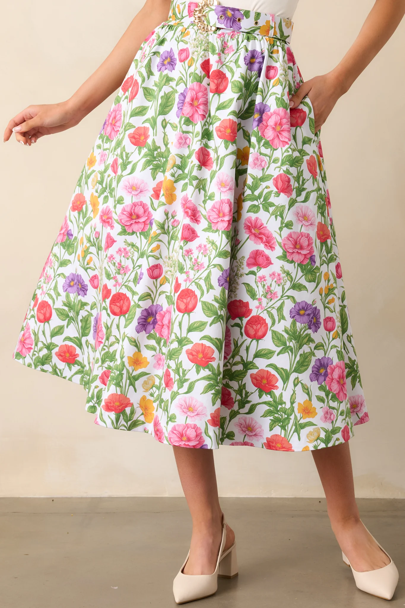 Thena Secret Garden Floral Cotton Belted Midi Skirt
