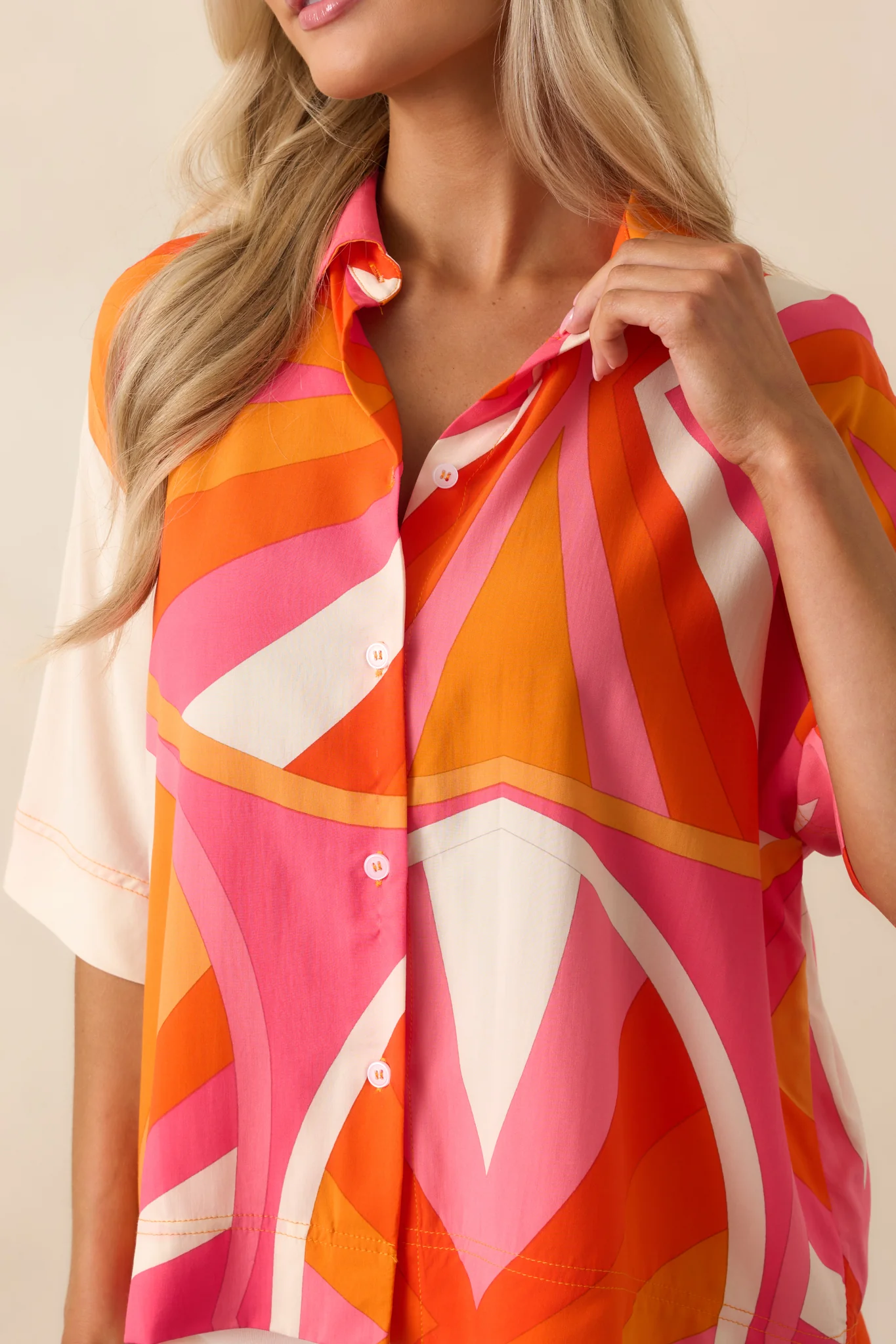 No Map Needed Orange Geometric Print Rayon Button Front Top