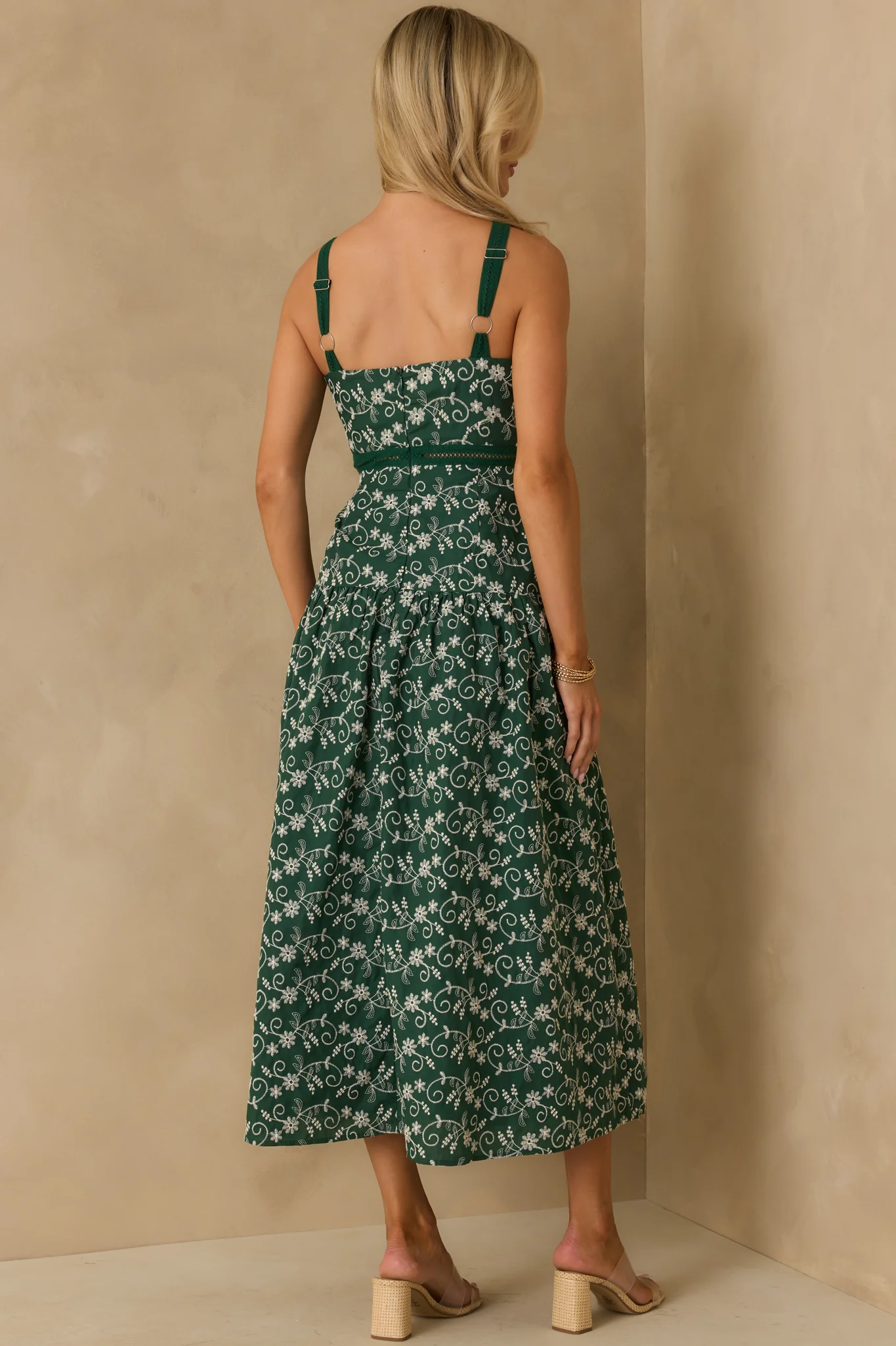 On My Side Hunter Green Floral Embroidered Eyelet Maxi Dress