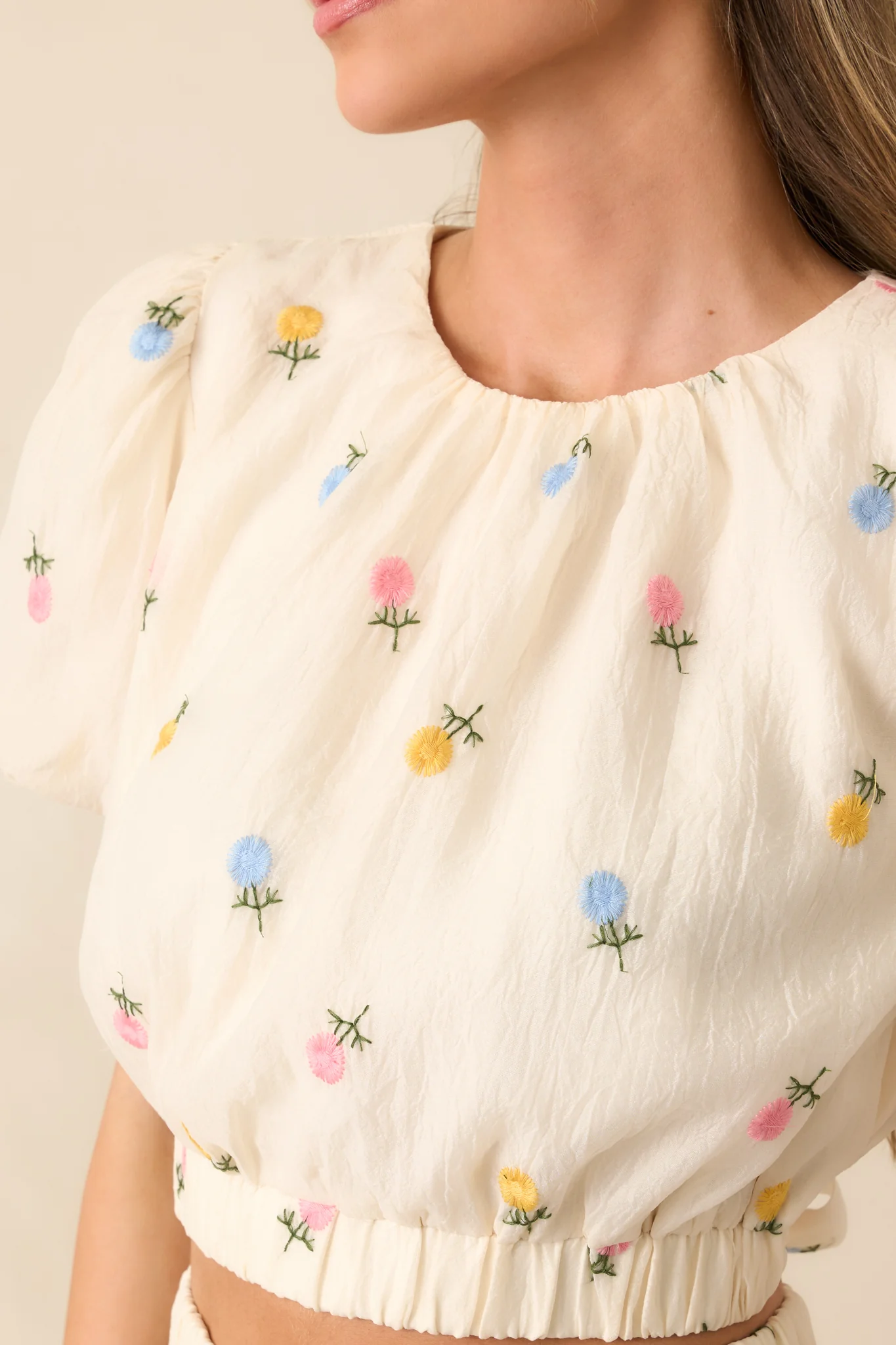Stay Resilient Ivory Floral Embroidered Puff Sleeve Top
